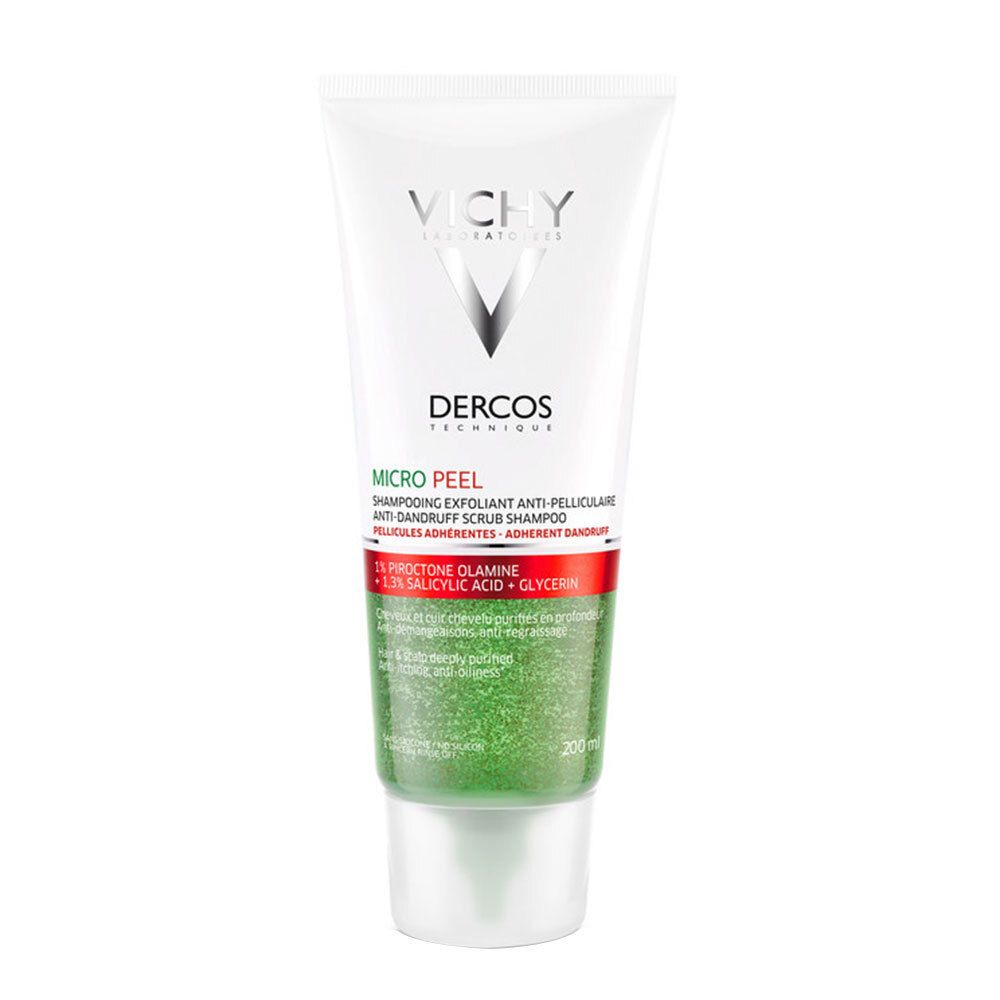 Weiß-grüne Tube. Vichy Dercos Micro Peel Peeling-Shampoo. Text: 1% Piroctone Olamine, 1.3% Salicylsäure + Glycerin. 200 ml.
