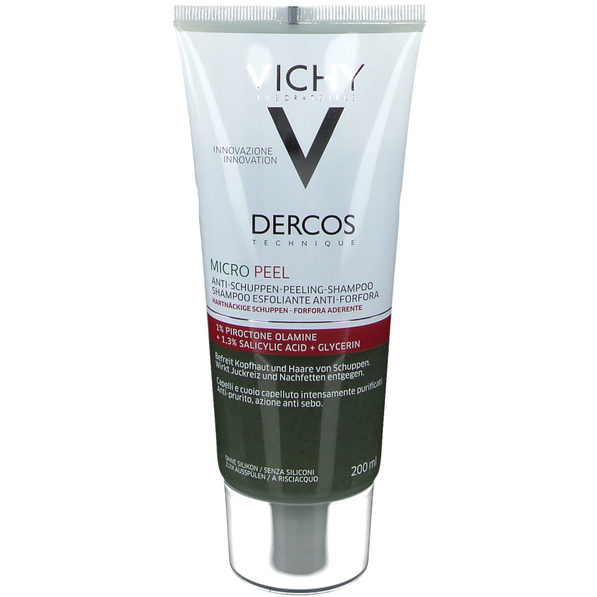 Weiß-graue Tube. Vichy Dercos Micro Peel Peeling-Shampoo. Text: 1% Piroctone Olamine, 1.3% Salicylsäure + Glycerin. 200 ml.