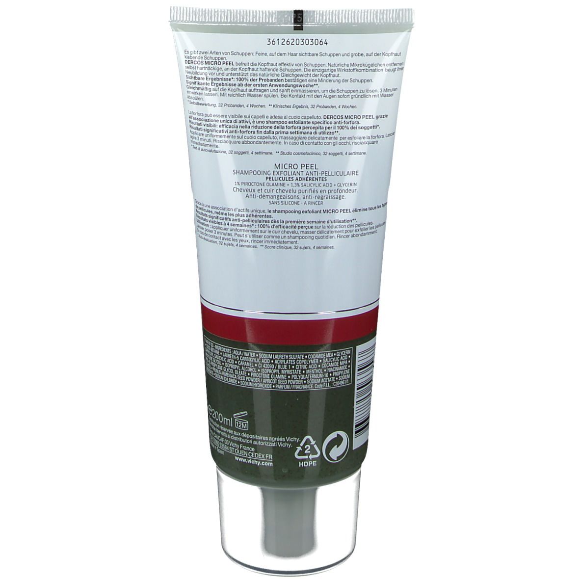 Rückseite einer Tube. Vichy Dercos Micro Peel Peeling-Shampoo. Text und Symbole. 200 ml.