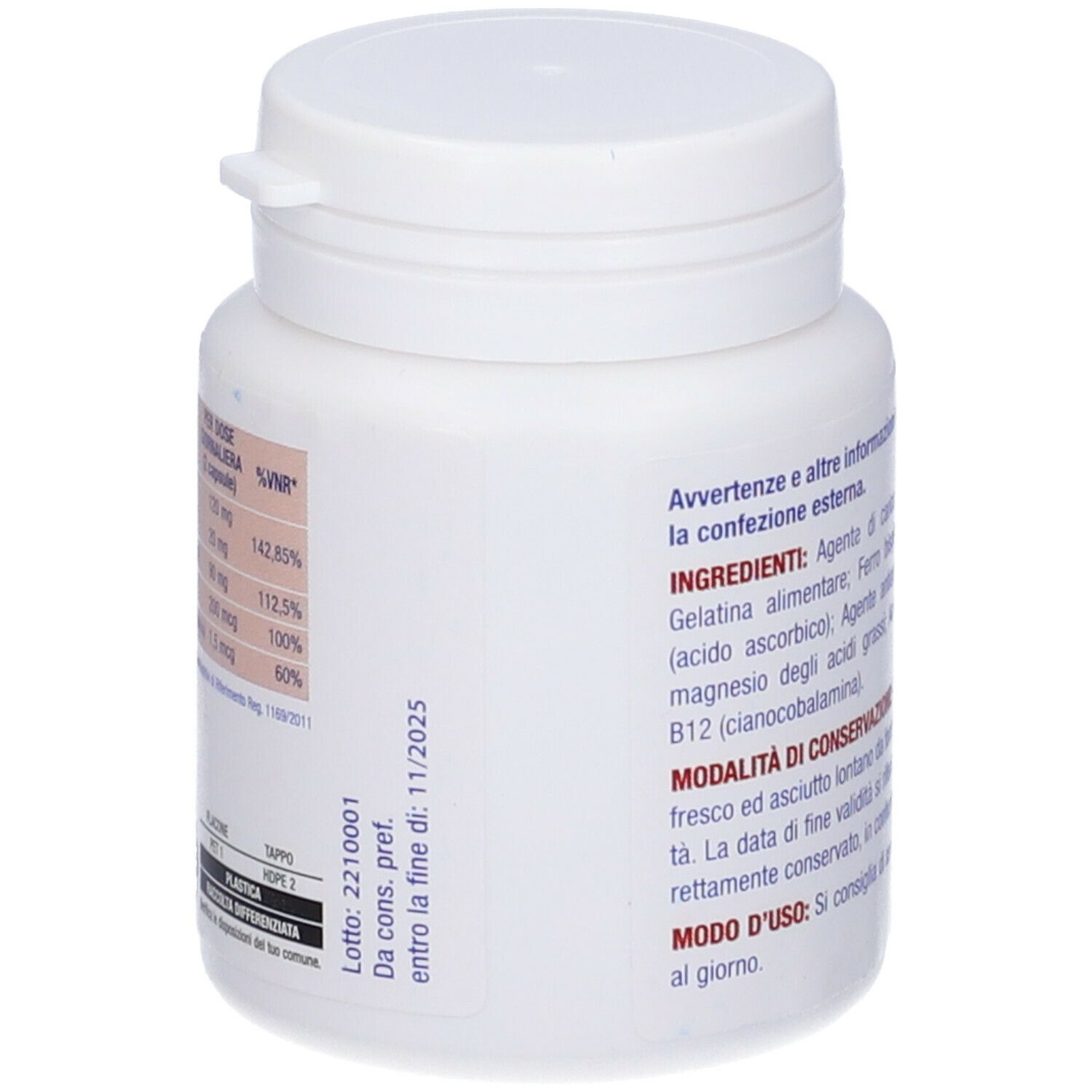 Flacone bianco con tappo a vite. Etichetta con ingredienti e testo. 60 capsule.