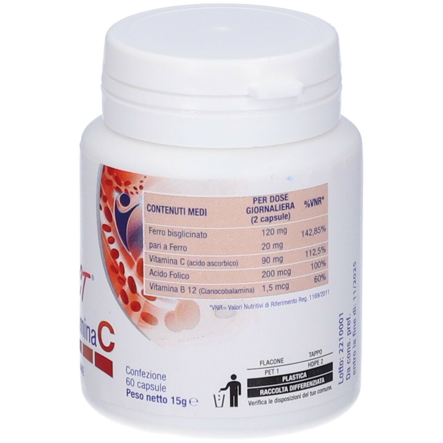 Flacone bianco con tappo a vite. Etichetta con informazioni nutrizionali e testo. 60 capsule.