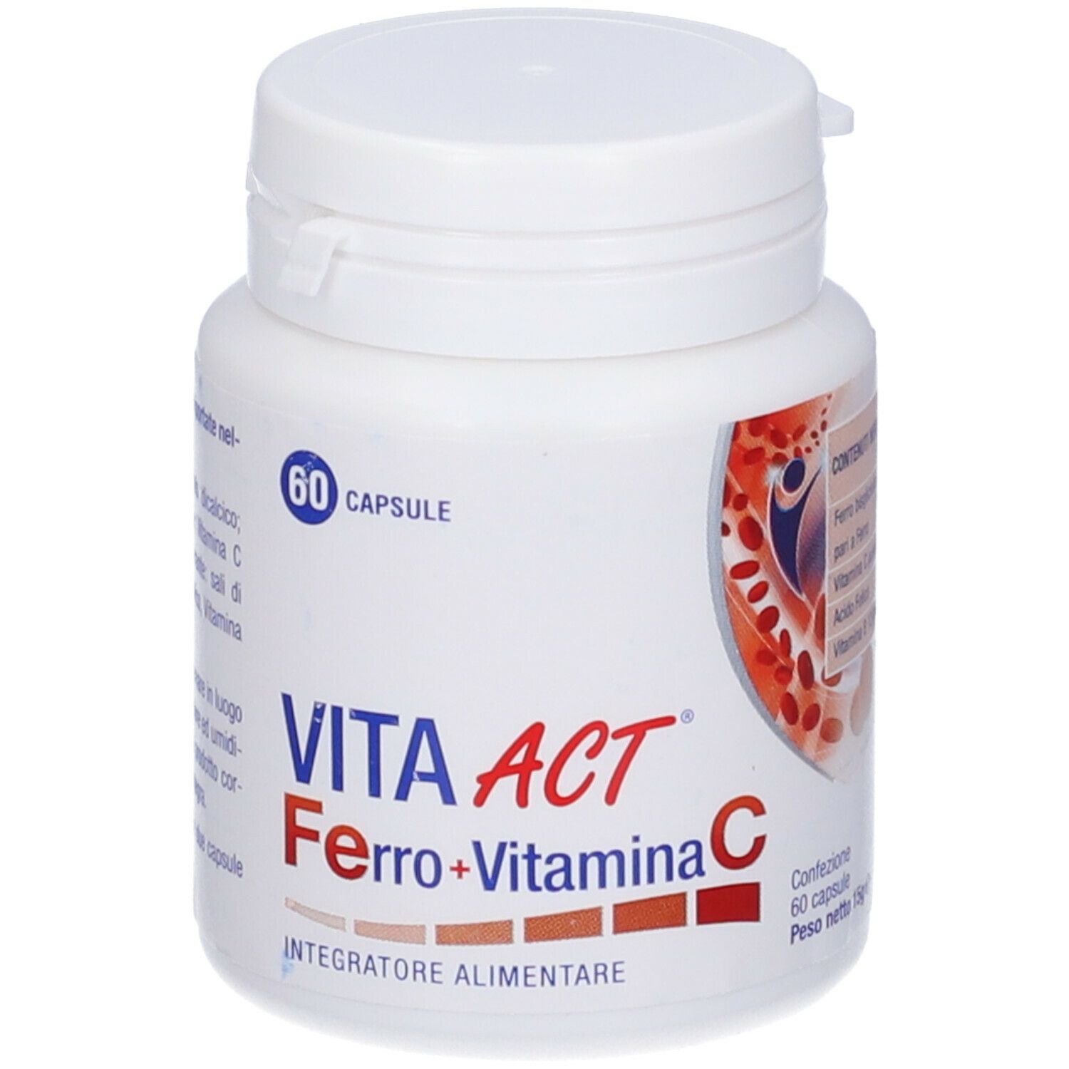 Flacone bianco con tappo a vite. Etichetta con nome del prodotto e testo. 60 capsule.