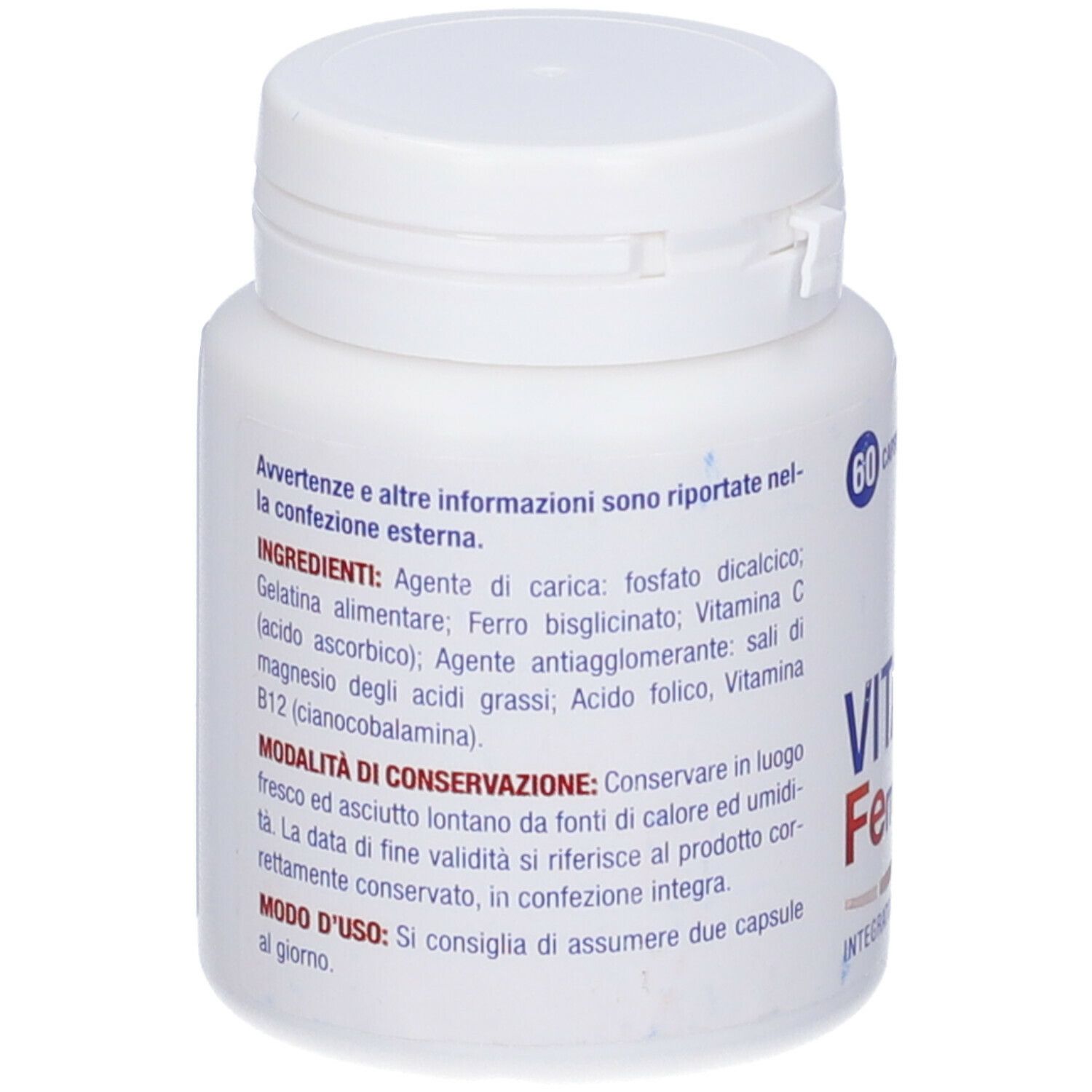 Flacone bianco con tappo a vite. Etichetta con nome del prodotto e testo. 60 capsule.
