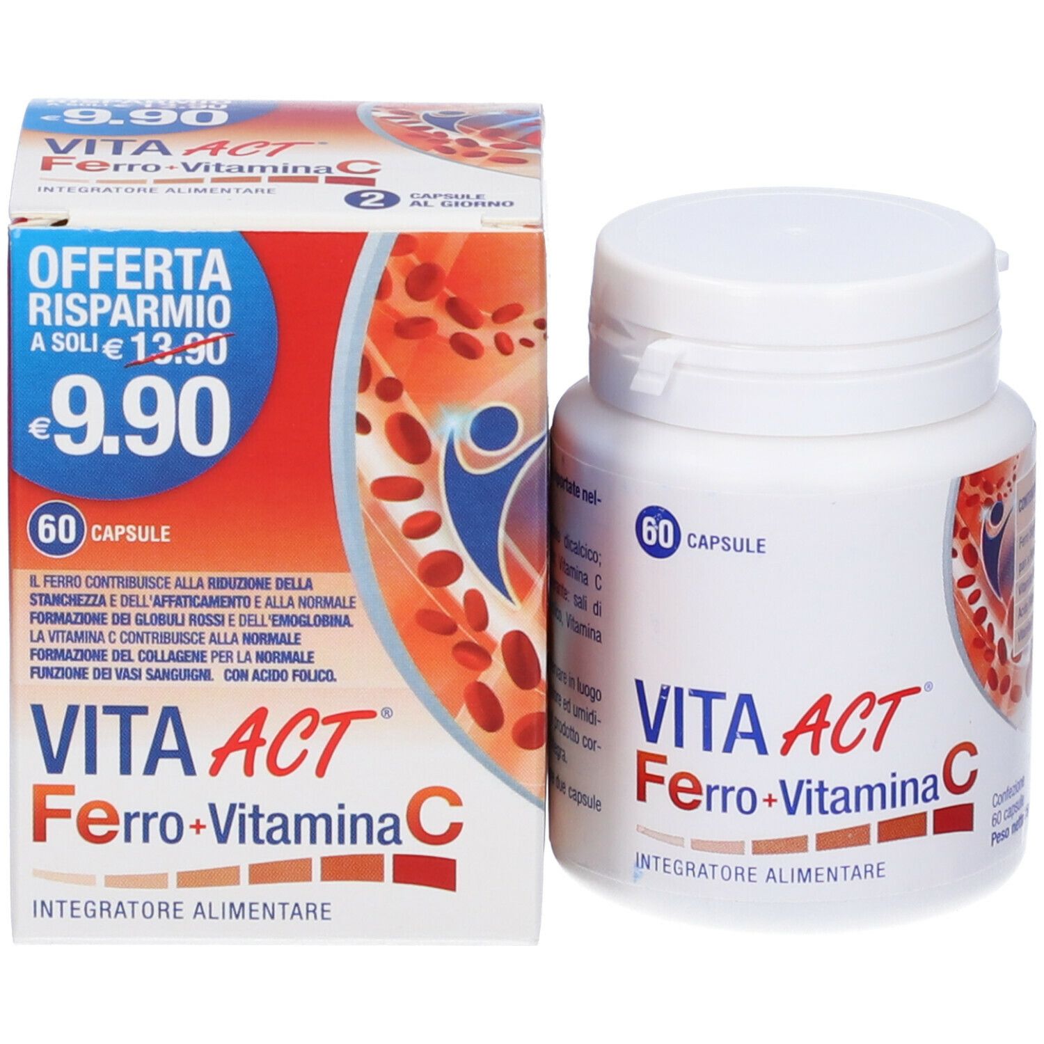 Flacone e scatola del prodotto. Offerta sulla scatola. 60 capsule.