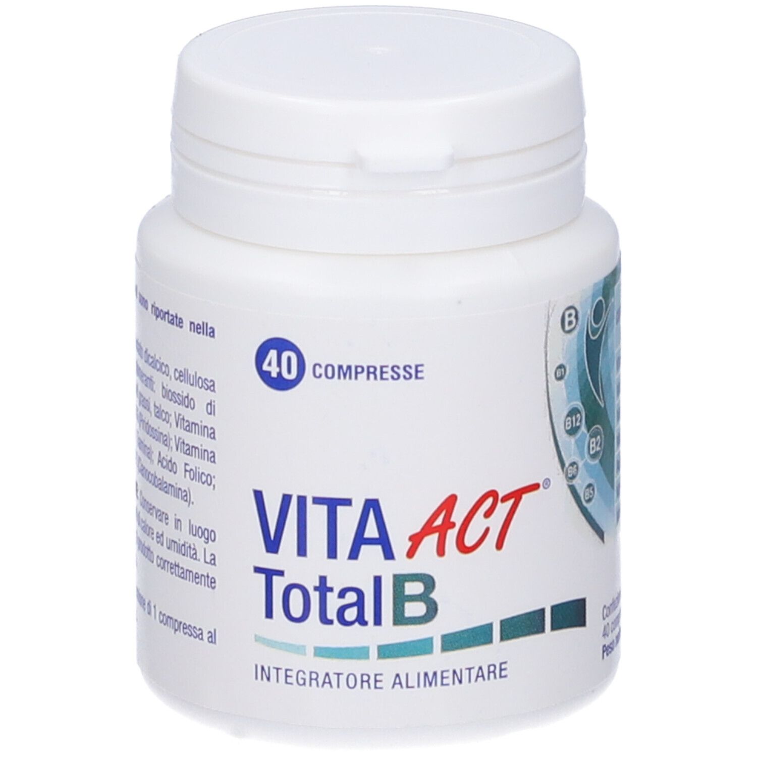 Weiße Flasche mit VITA ACT Total B. 40 Tabletten. Aufschrift: Integratore Alimentare.