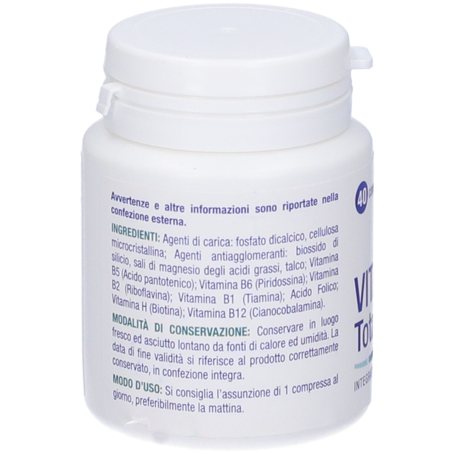 Rückseite der weißen Flasche VITA ACT Total B. Text mit Inhaltsstoffen und Anwendungshinweisen.