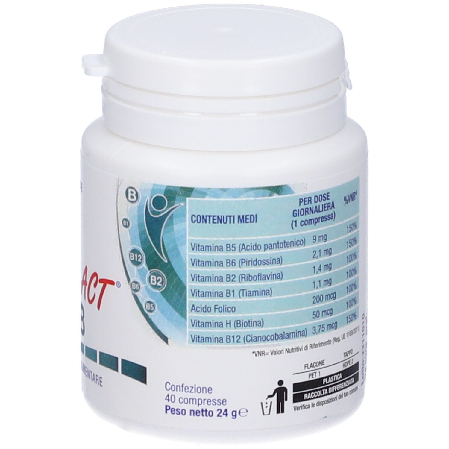 Weiße Flasche VITA ACT Total B. Enthält Vitamin B5, B6, B2, B1, Folsäure, B12, Biotin.