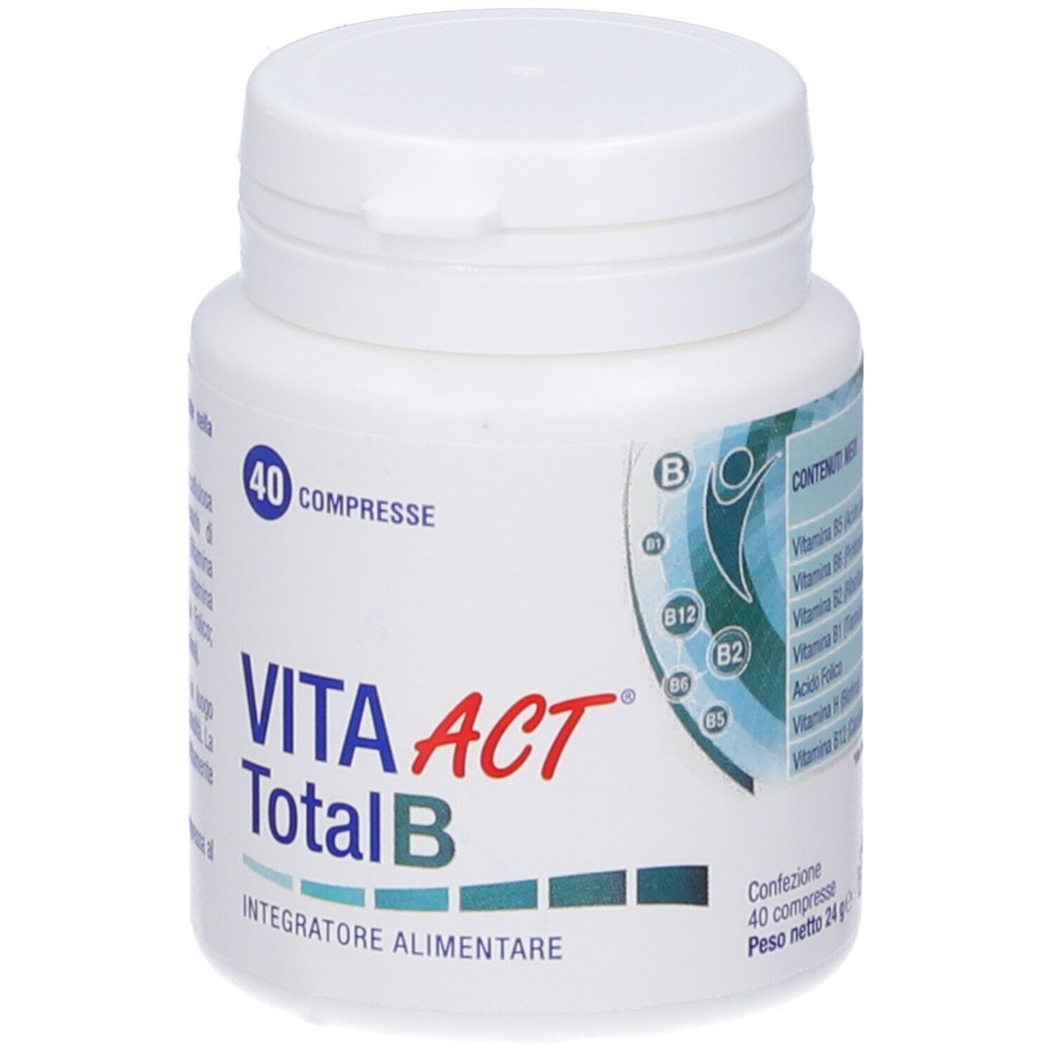Weiße Flasche VITA ACT Total B, 40 Tabletten. Aufschrift: Integratore Alimentare.