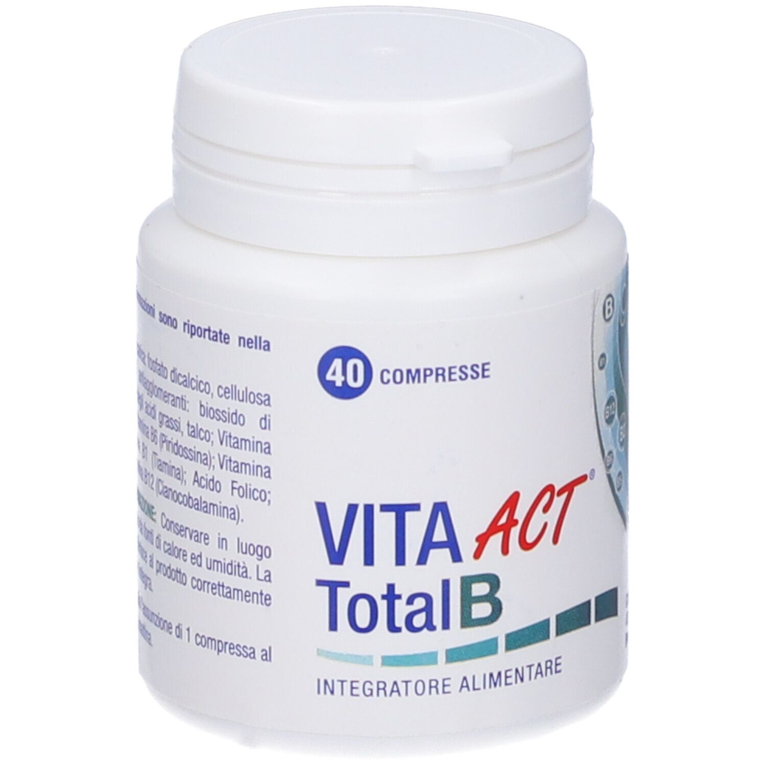 Weiße Flasche VITA ACT Total B, 40 Tabletten. Aufschrift: Integratore Alimentare.