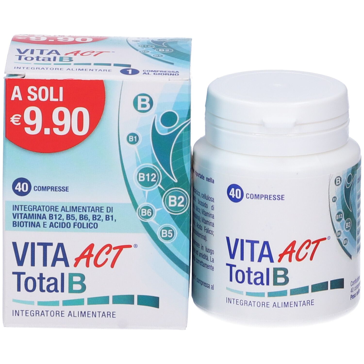 VITA ACT Total B Flasche und Schachtel. Schachtel mit Preis: 9,90 €. 40 Tabletten.