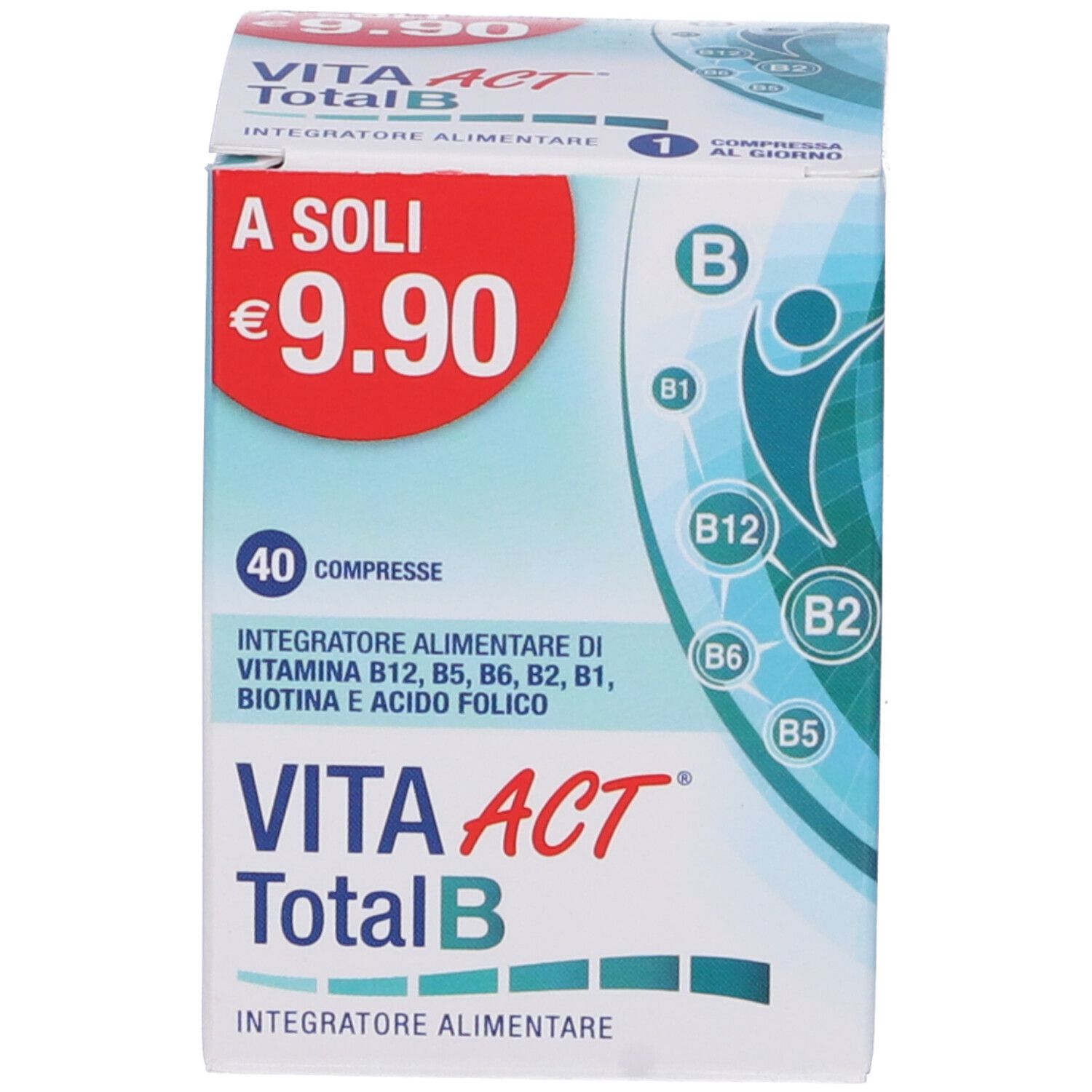 VITA ACT Total B Schachtel. Preis: 9,90 €. Enthält Vitamin B12, B5, B6, B2, B1, Biotin, Folsäure.