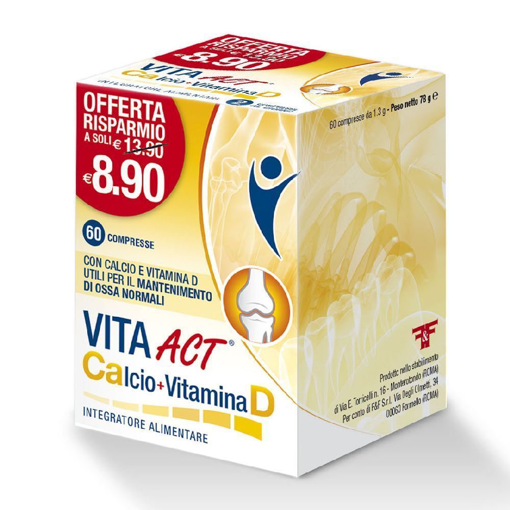 Confezione di Vita Act Calcio+Vitamina D. Contiene 60 compresse. Prezzo e sconto in evidenza. Illustrazione ossea.
