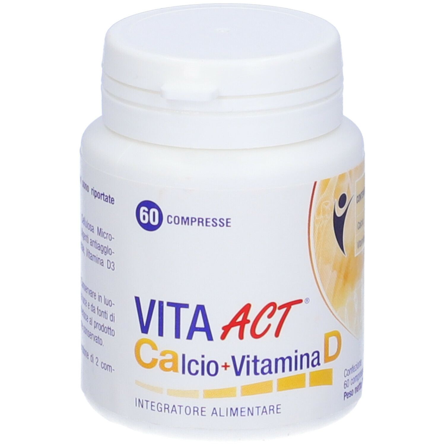 Flacone bianco con 60 compresse di Vita Act Calcio+Vitamina D. Nome e logo del prodotto stampati. Coperchio bianco.