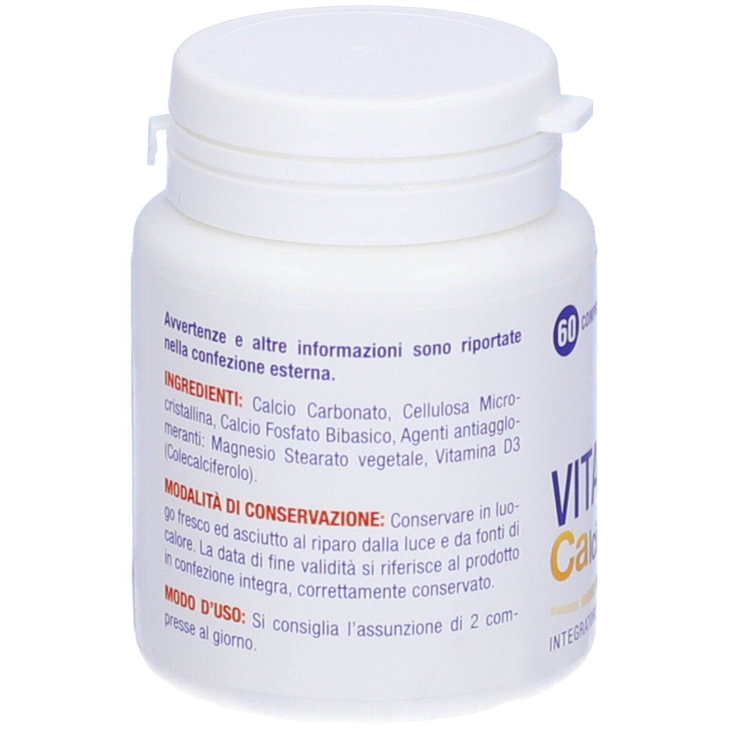 Flacone bianco con 60 compresse Vita Act Calcio+Vitamina D. Retro con ingredienti e istruzioni per l'uso.