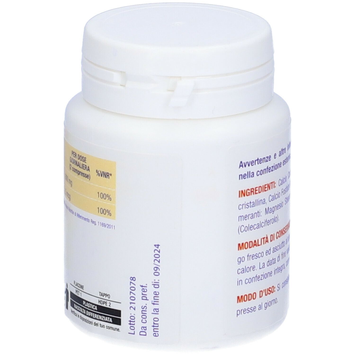 Flacone bianco con 60 compresse Vita Act Calcio+Vitamina D. Retro con informazioni nutrizionali e data di scadenza.