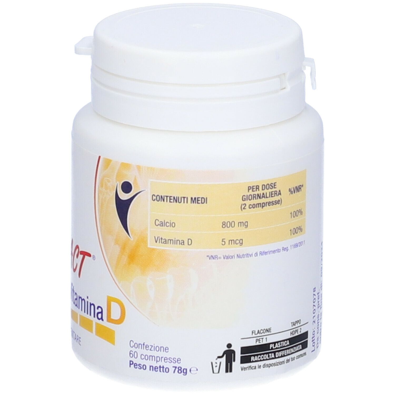 Flacone bianco con 60 compresse Vita Act Calcio+Vitamina D. Retro con informazioni nutrizionali. Contiene calcio e vitamina D.