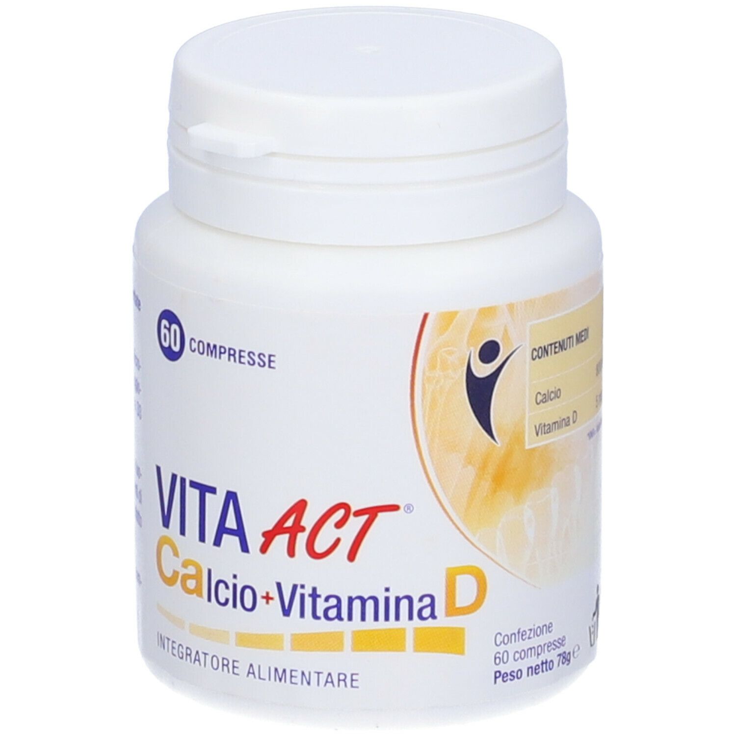 Flacone bianco con 60 compresse Vita Act Calcio+Vitamina D. Nome e logo del prodotto sul davanti.