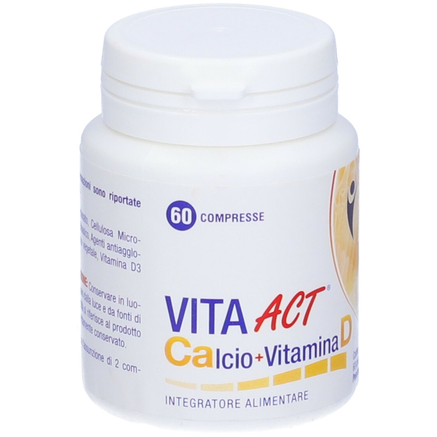 Flacone bianco con 60 compresse Vita Act Calcio+Vitamina D. Nome e logo del prodotto sul davanti.