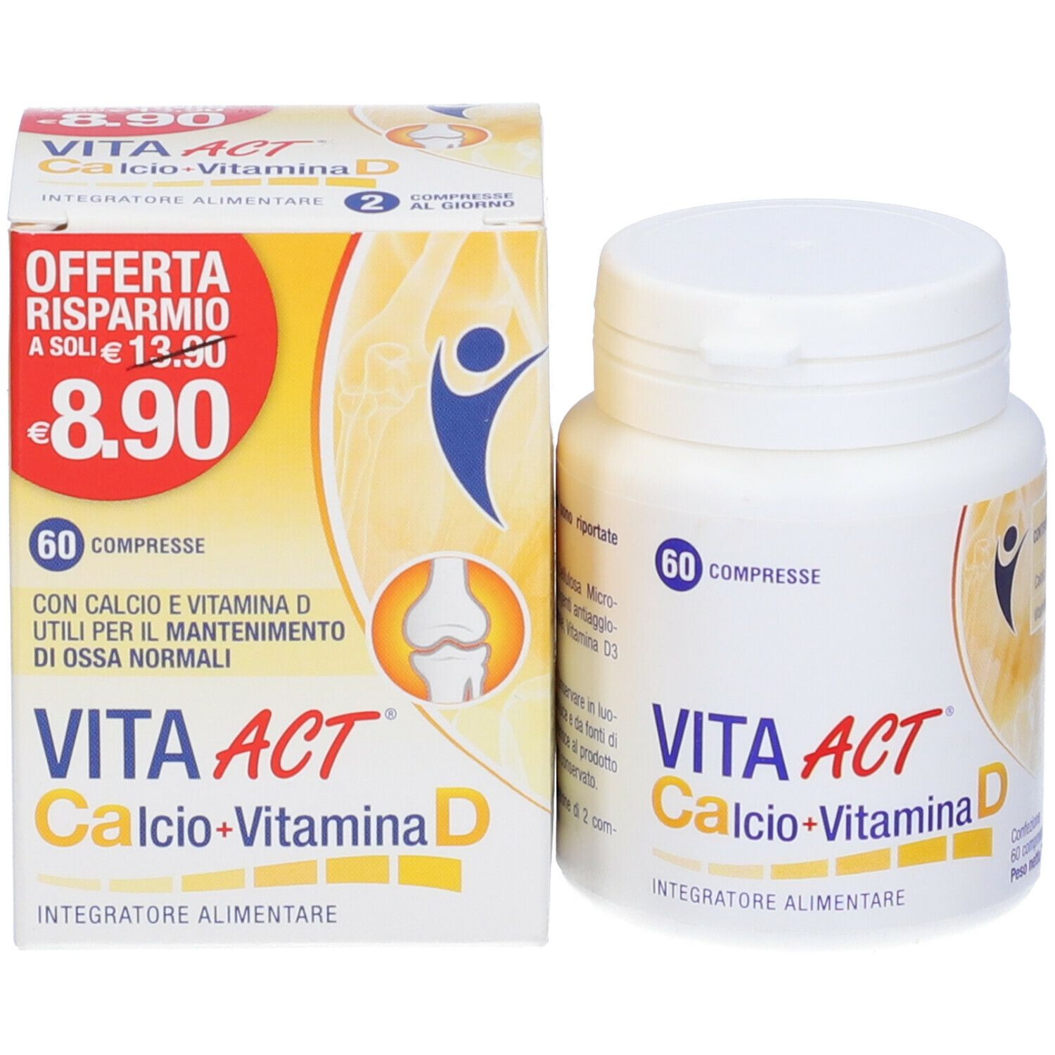 Confezione e flacone Vita Act Calcio+Vitamina D. Contiene 60 compresse. Flacone con nome e logo del prodotto.