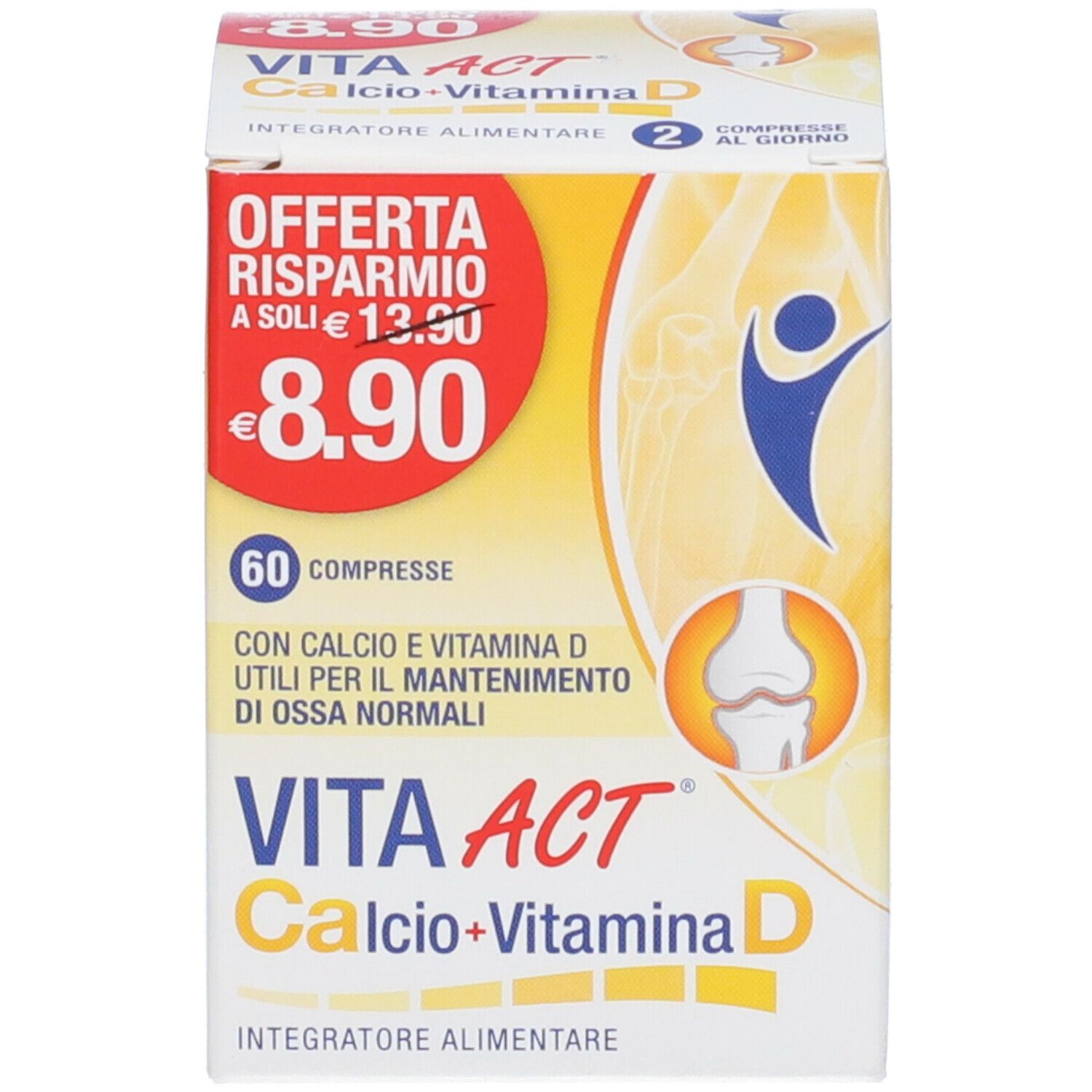 Confezione Vita Act Calcio+Vitamina D. Contiene 60 compresse. Prezzo e sconto in evidenza. Illustrazione ossea.