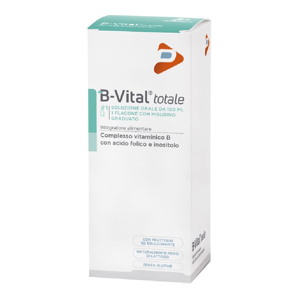 Confezione bianca e verde. Scritta: B-Vital totale. Contiene vitamina B, acido folico e inositolo. Con misurino.