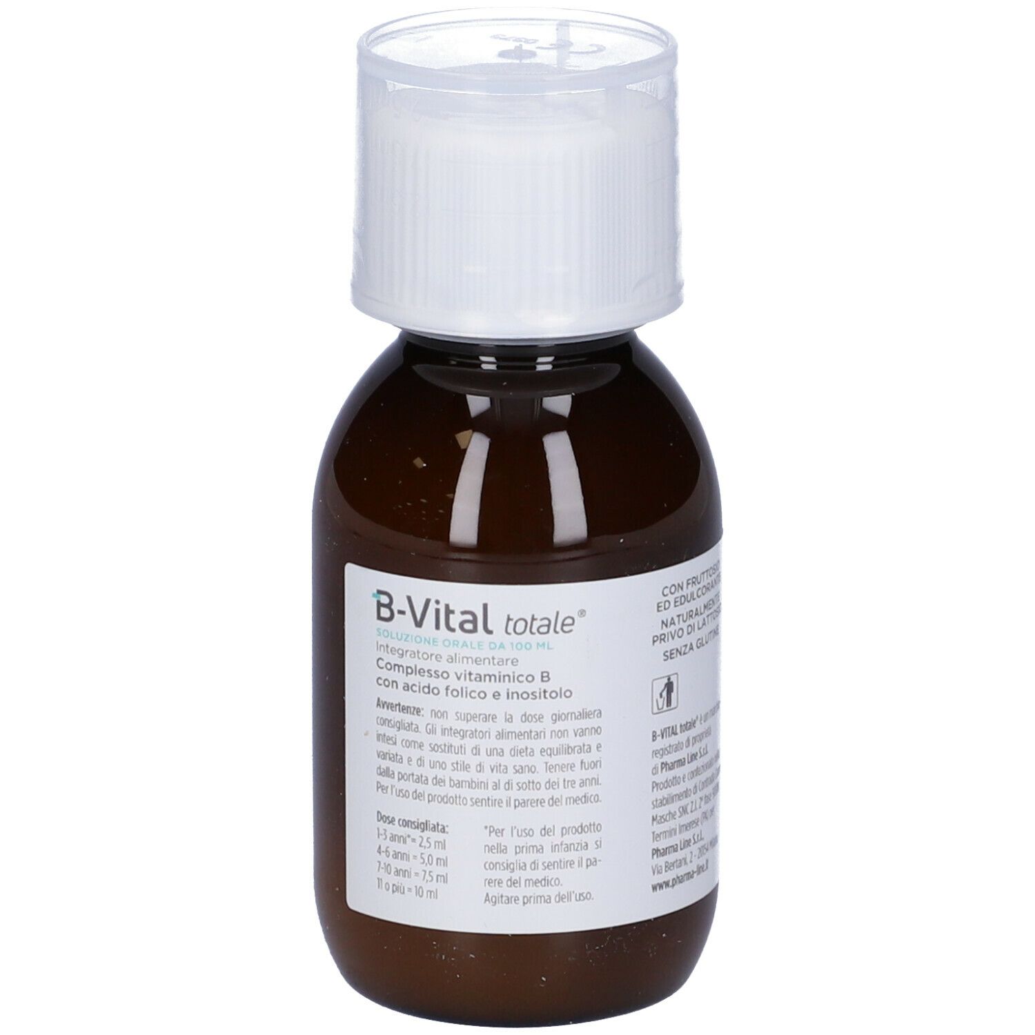 Flacone marrone con tappo bianco. Scritta: B-Vital totale. Contiene vitamina B, acido folico e inositolo. Etichetta con ingredienti.
