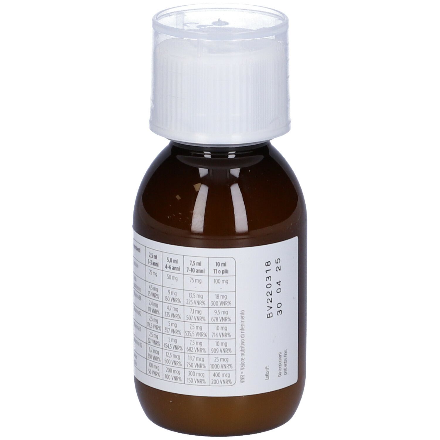 Flacone marrone con tappo bianco. Etichetta con tabella nutrizionale. Nome del prodotto non visibile.