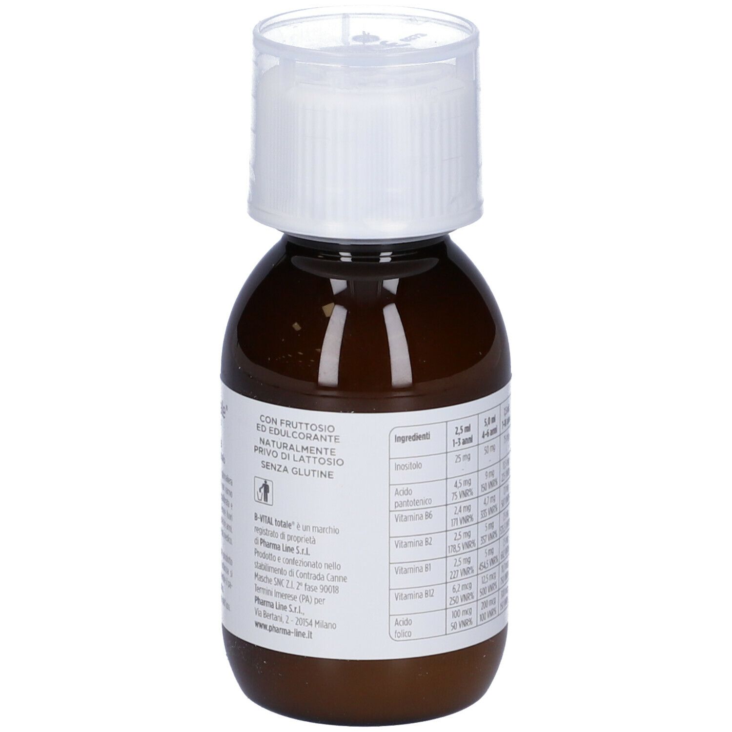 Flacone marrone con tappo bianco. Etichetta con ingredienti e avvertenze. Nome del prodotto non visibile.