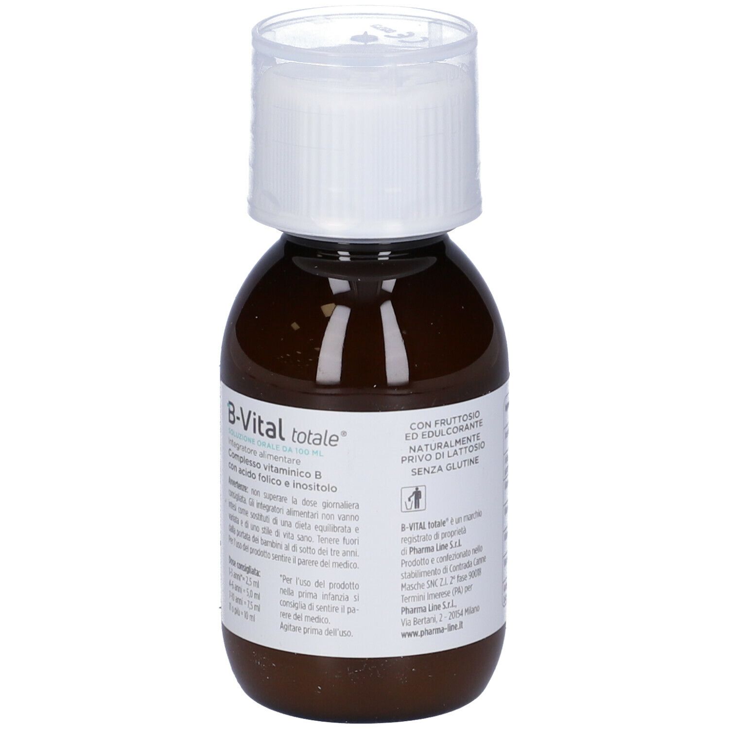 Flacone marrone con tappo bianco. Scritta: B-Vital totale. Etichetta con ingredienti e avvertenze.