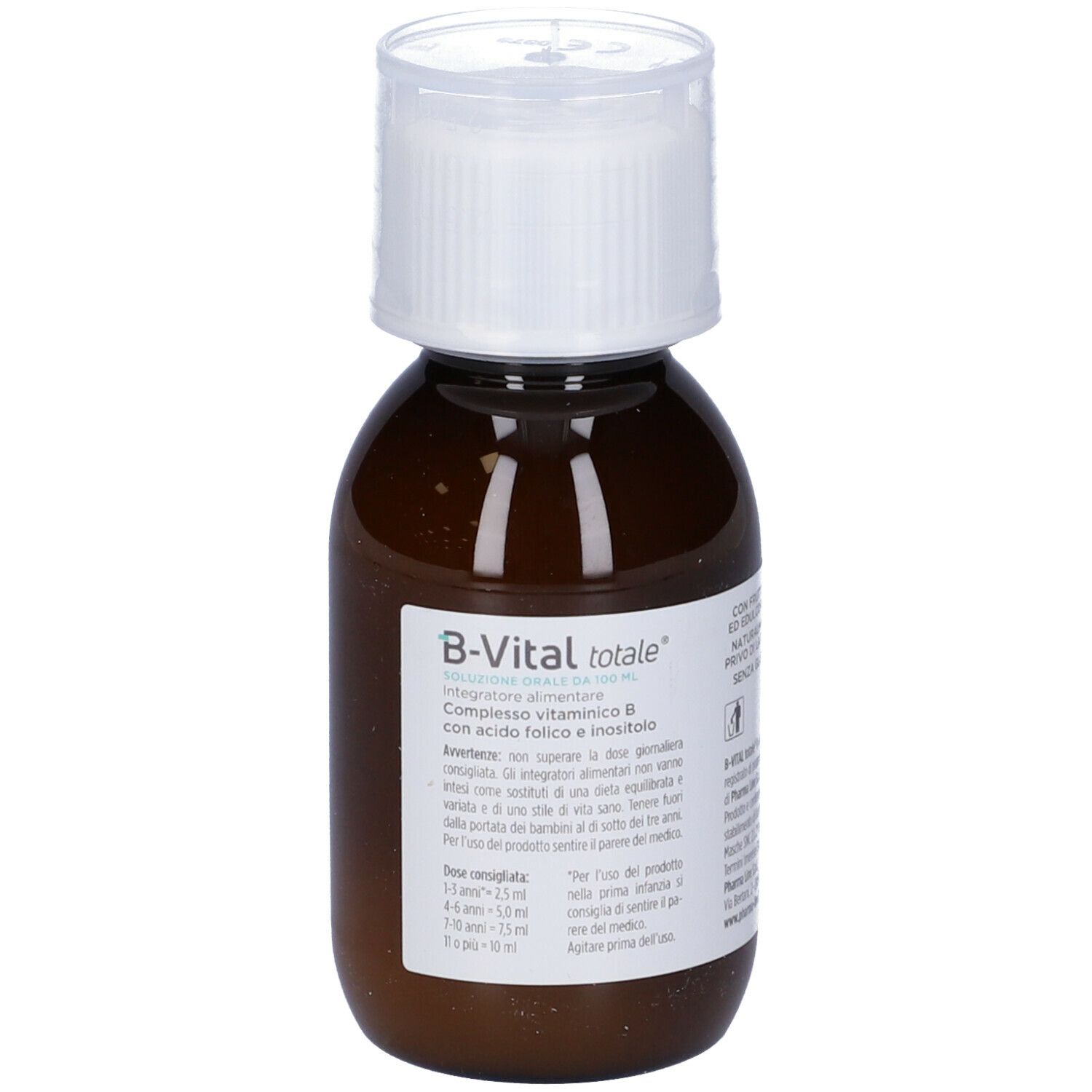 Flacone marrone con tappo bianco. Scritta: B-Vital totale. Etichetta con ingredienti e avvertenze.