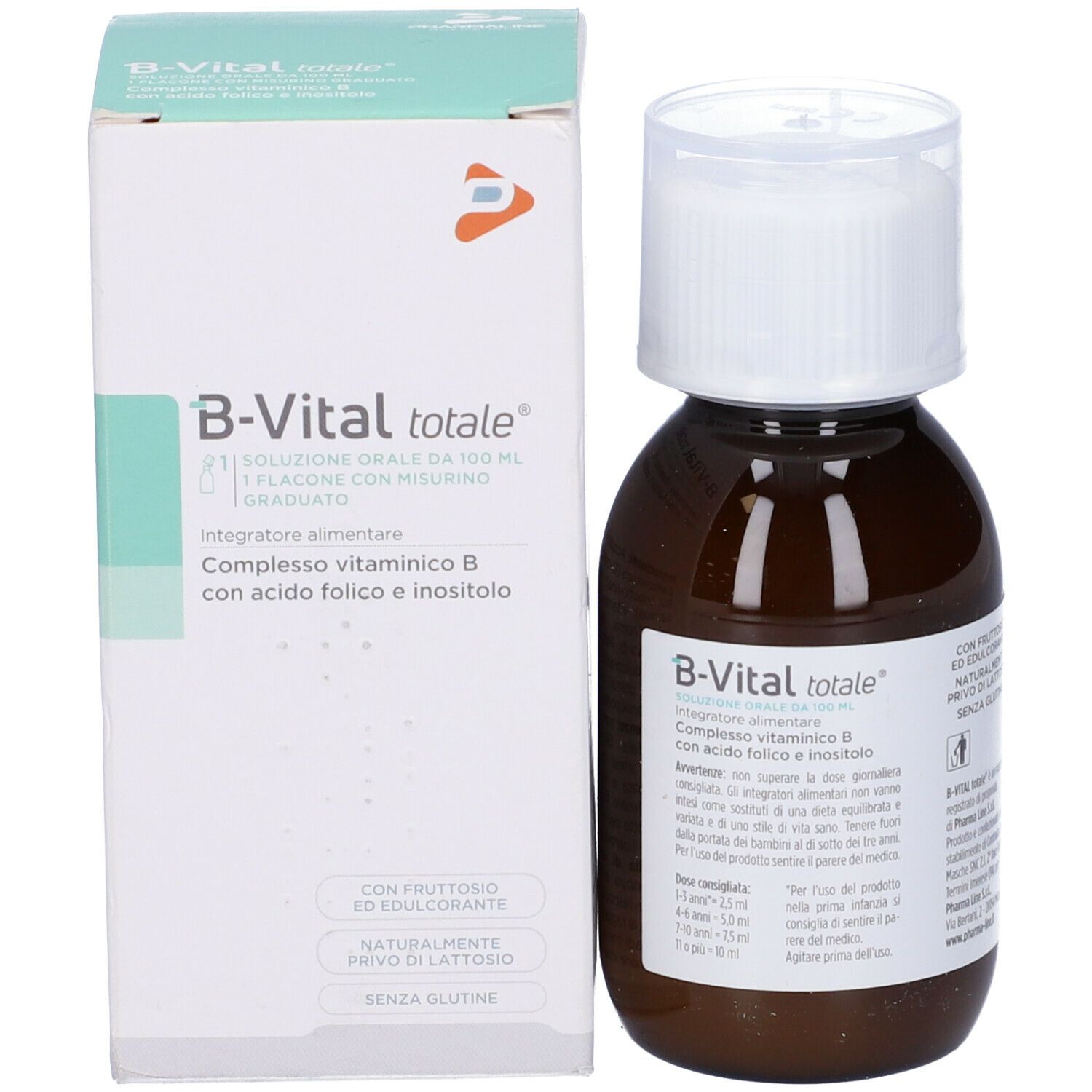 Flacone marrone con tappo bianco e confezione. Scritta: B-Vital totale. Contiene vitamina B, acido folico e inositolo.