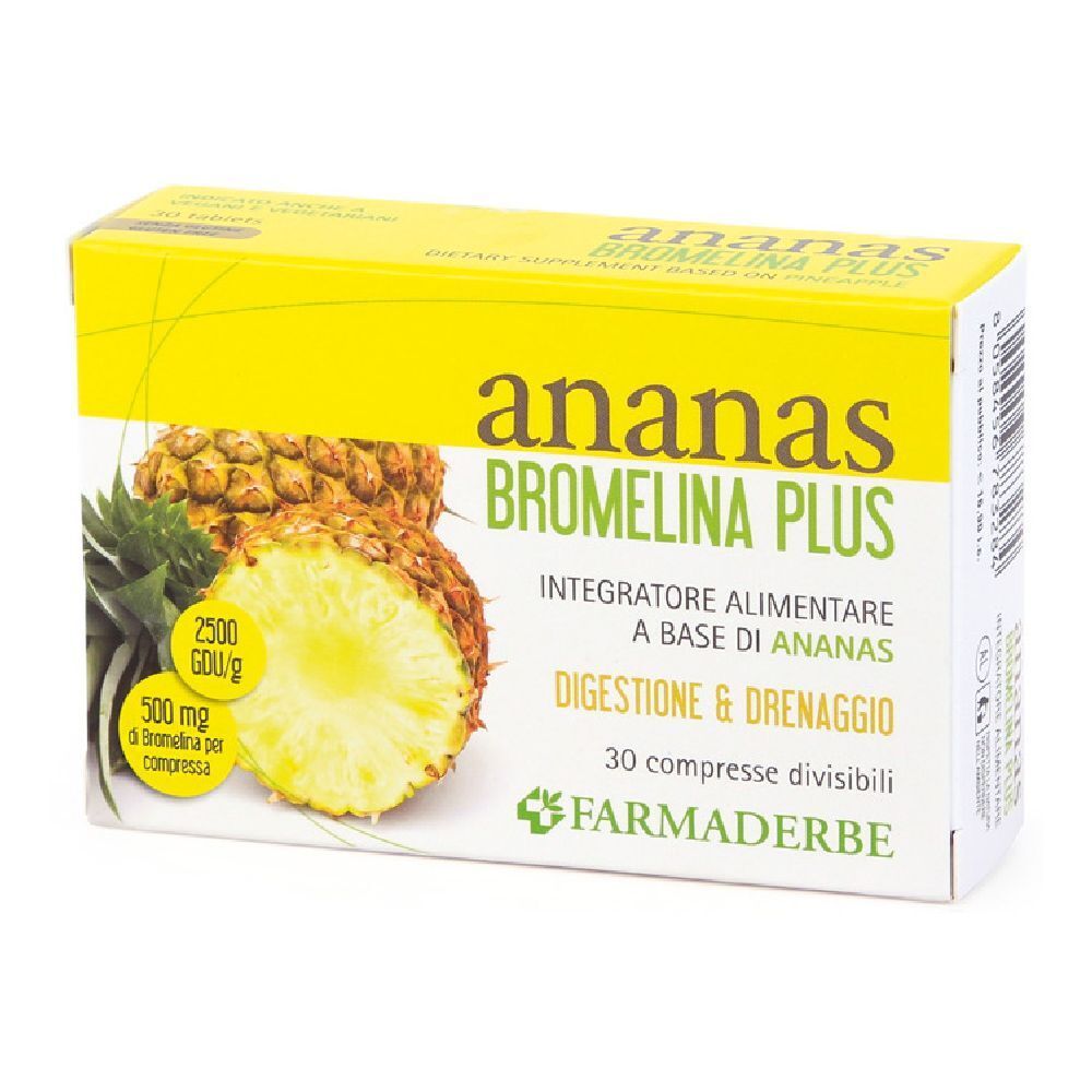 Gelbe Schachtel mit Ananas-Abbildung und Text: Ananas Bromelina Plus. Enthält 30 Tabletten. Marke: FARMADERBE.