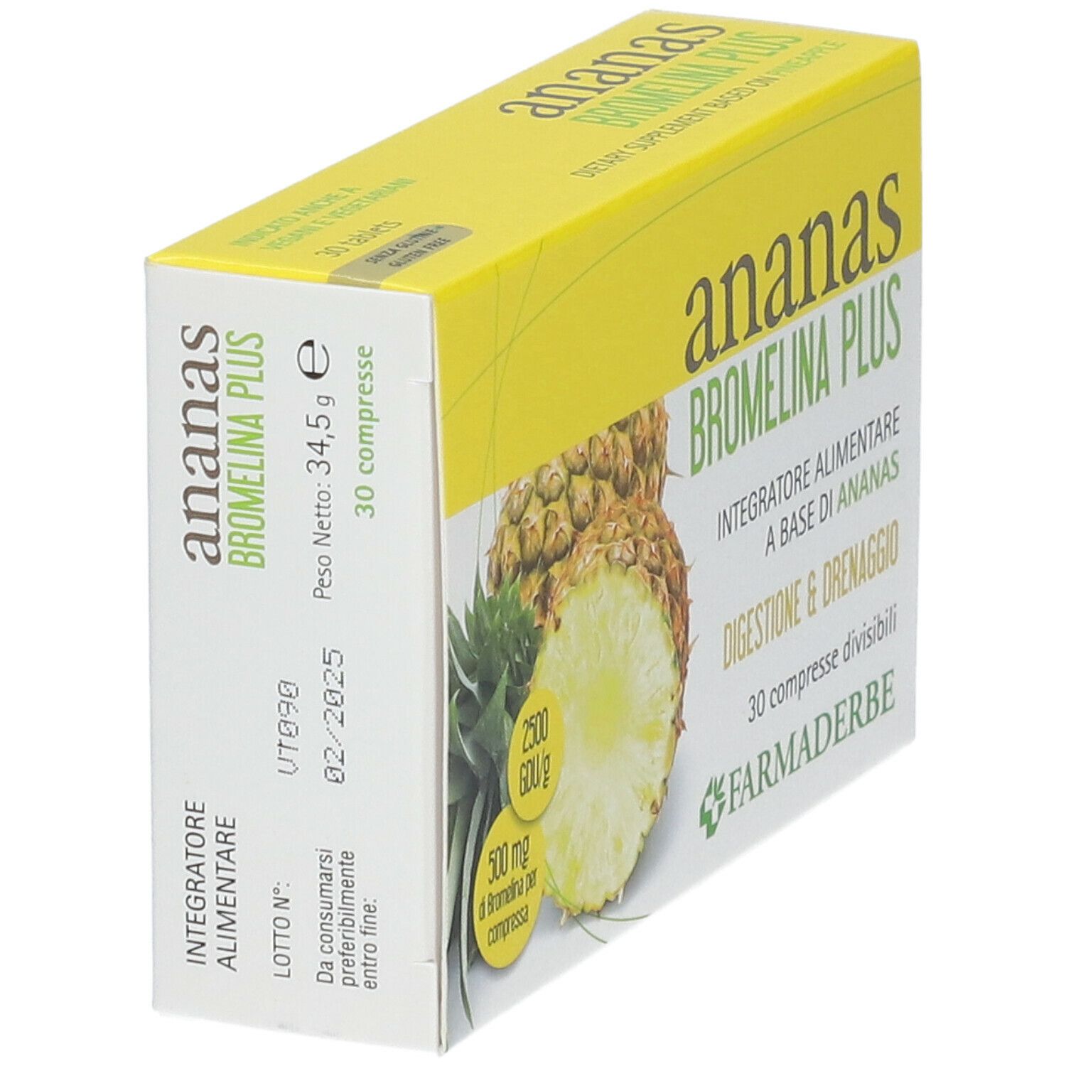 Schachtel mit Ananas Bromelina Plus, schräg. Gelber Hintergrund, Ananas-Abbildung. Text: 30 compresse, 34,5 g.
