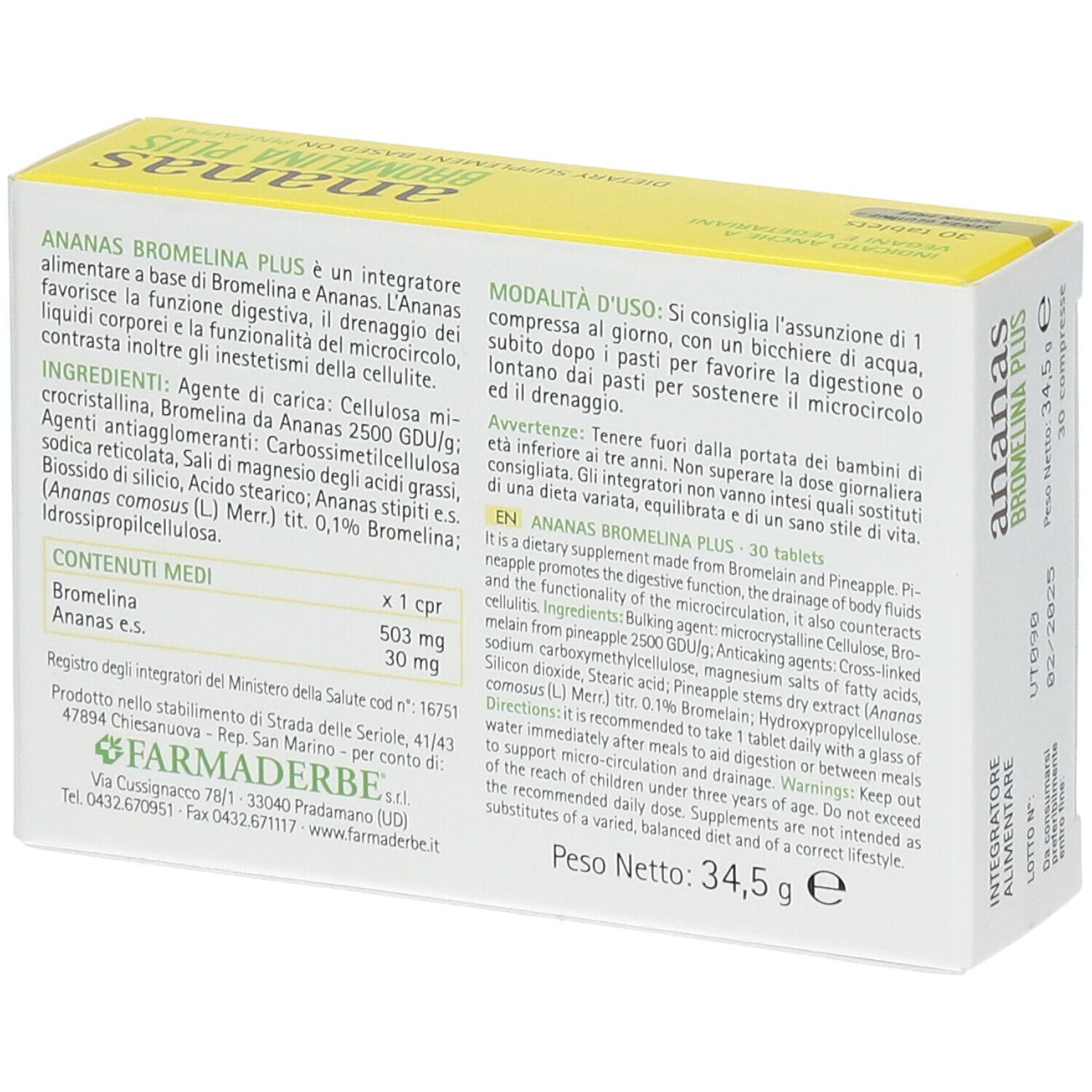 Rückseite der Schachtel Ananas Bromelina Plus. Text in italienischer Sprache, Inhaltsstoffe, Anwendungshinweise, Gewicht 34,5 g.
