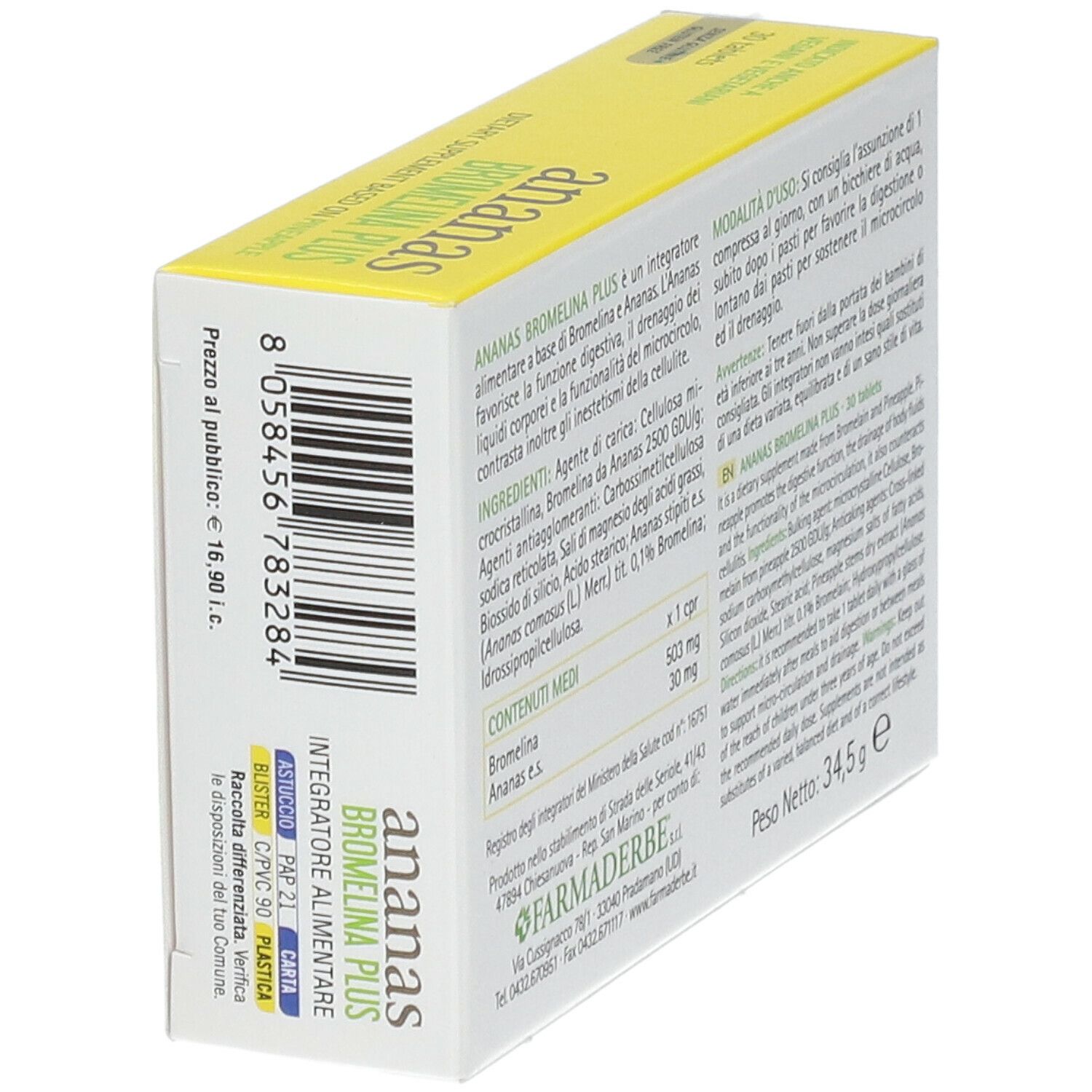 Schachtel Ananas Bromelina Plus, schräg. Gelber Hintergrund, Ananas-Abbildung. Text: 30 compresse, 34,5 g.