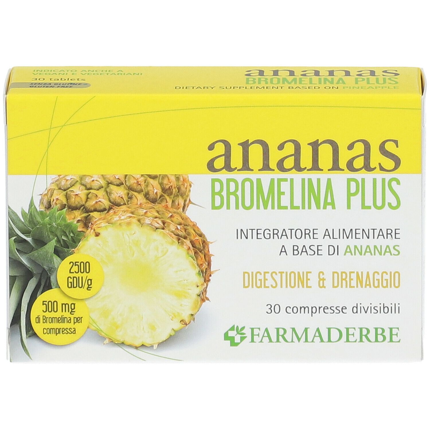 Gelbe Schachtel mit Ananas-Abbildung und Text: Ananas Bromelina Plus. Enthält 30 Tabletten. Marke: FARMADERBE.