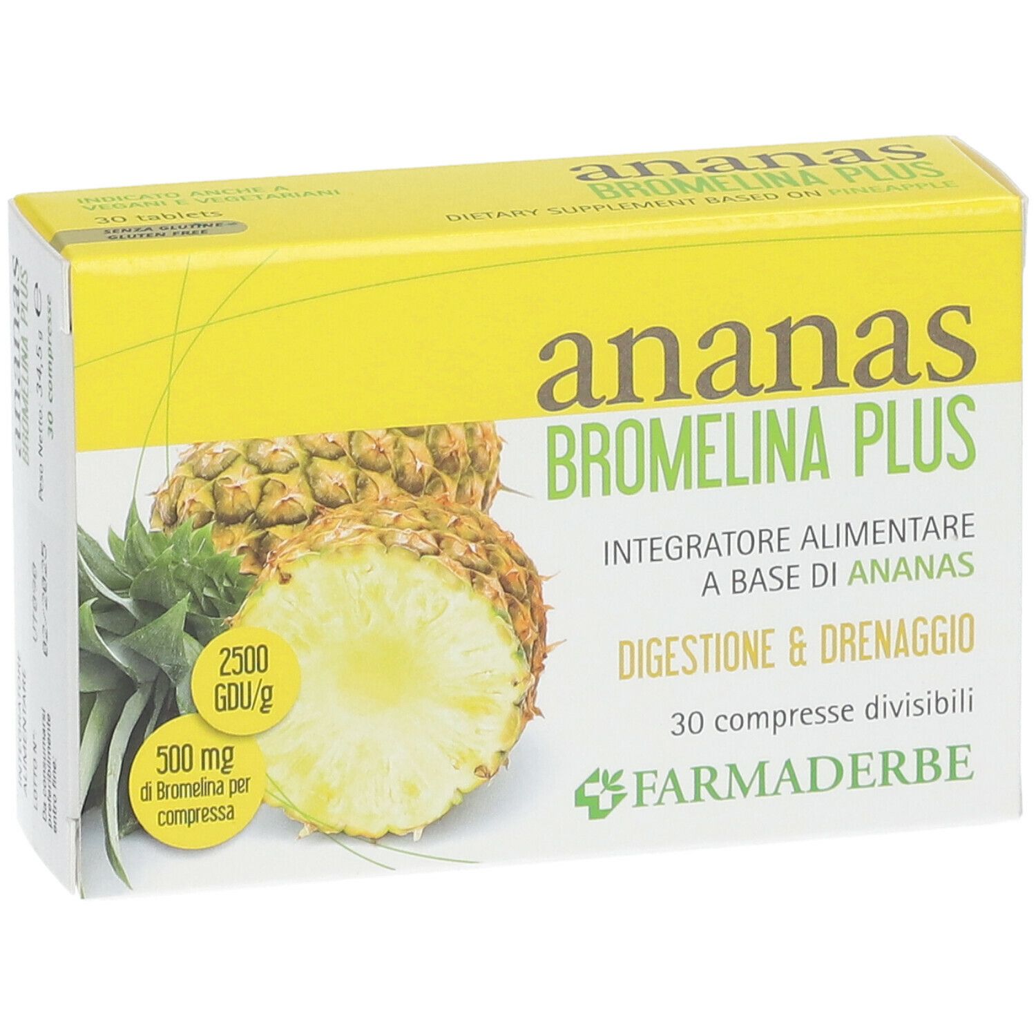 Gelbe Schachtel mit Ananas-Abbildung und Text: Ananas Bromelina Plus. Enthält 30 Tabletten. Marke: FARMADERBE.