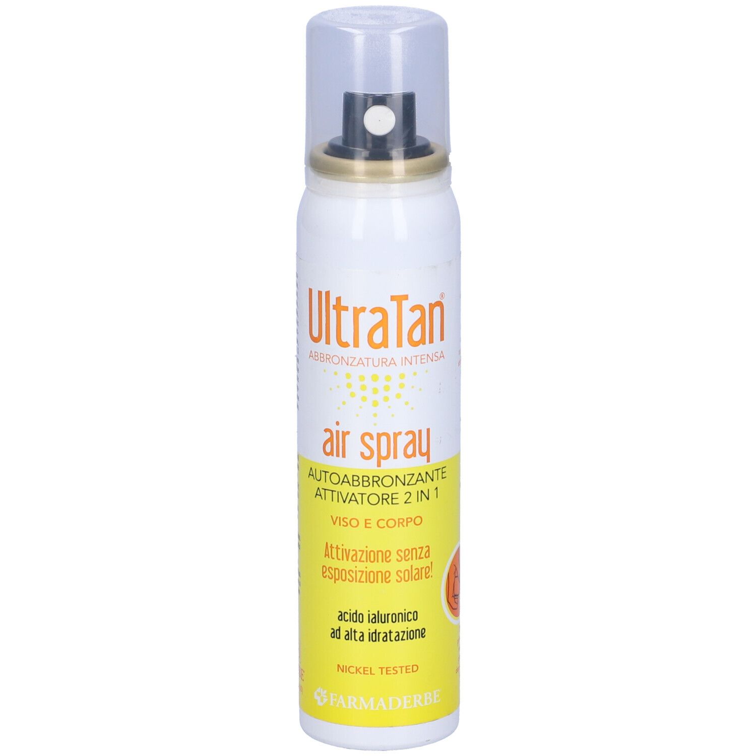 Spray bianco con etichetta gialla. Scritta: UltraTan, Air Spray, Autoabbronzante, 2 in 1. Con erogatore e tappo.