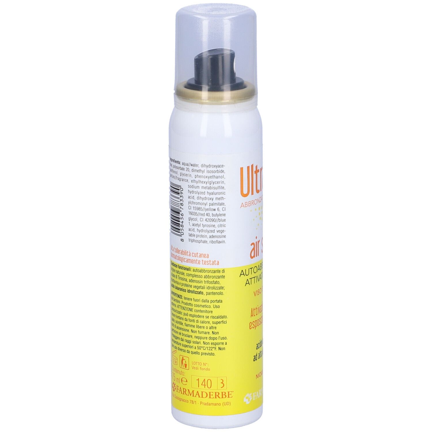Spray bianco con etichetta gialla. Scritta: UltraTan, Air Spray, Autoabbronzante, 2 in 1. Con erogatore e tappo.