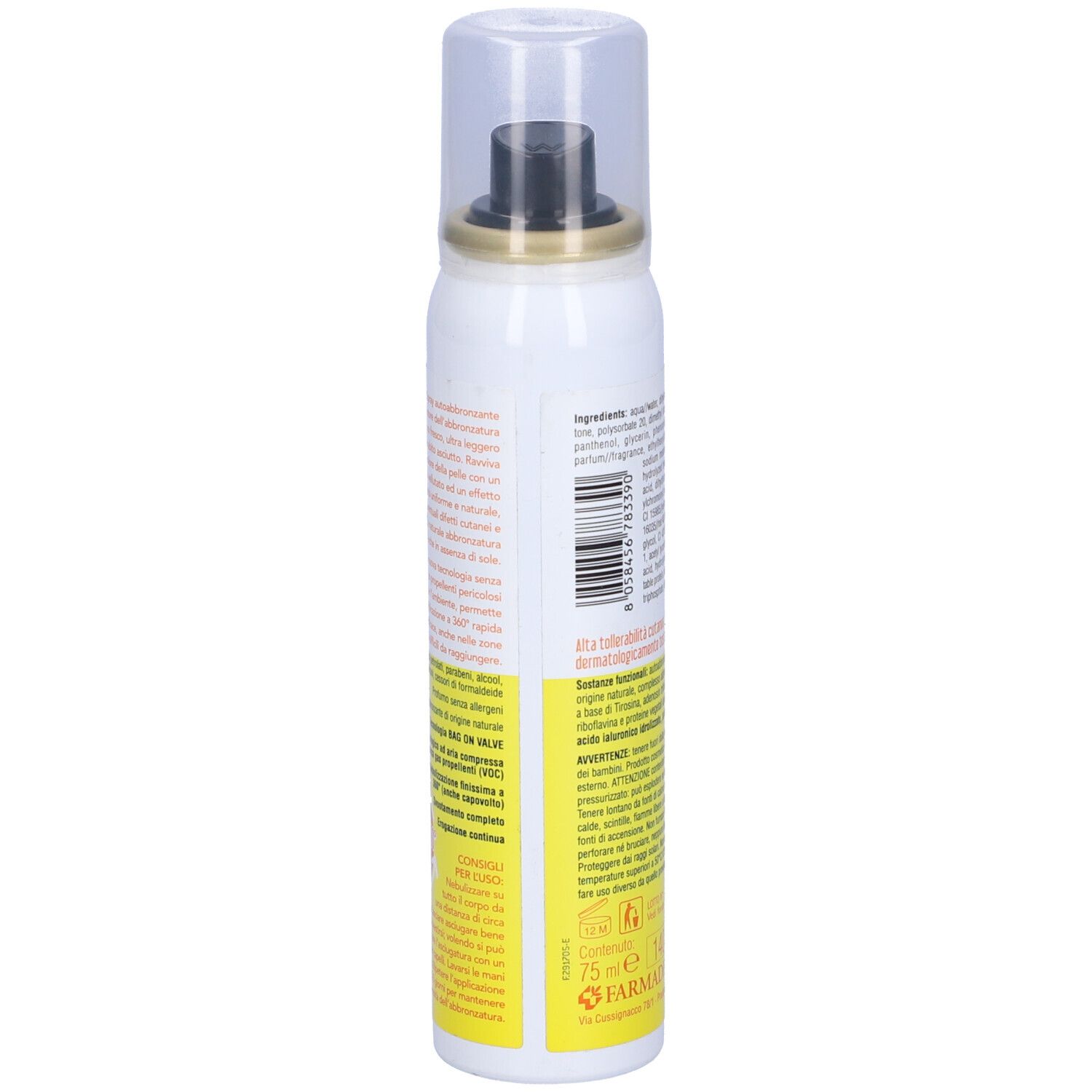 Spray bianco con etichetta gialla. Scritta: UltraTan, Air Spray, Autoabbronzante, 2 in 1. Con erogatore e tappo.