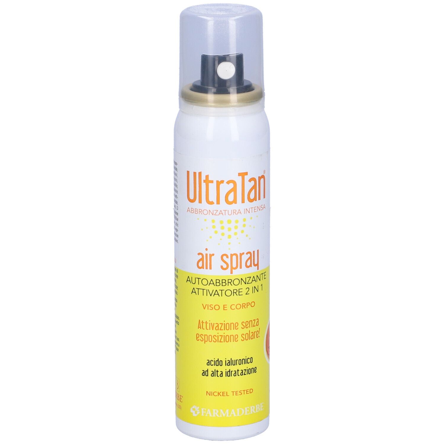 Spray bianco con etichetta gialla. Scritta: UltraTan, Air Spray, Autoabbronzante, 2 in 1. Con erogatore e tappo.