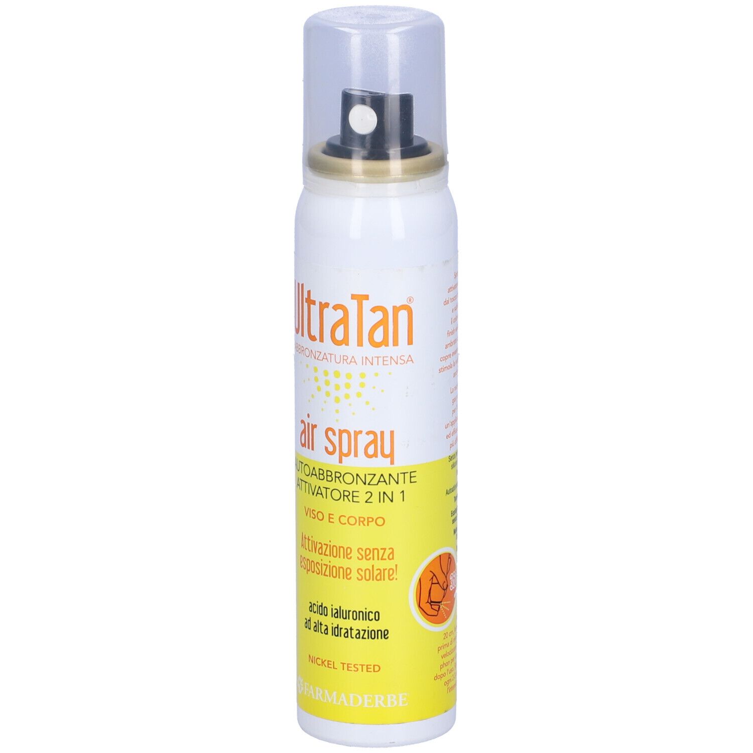 Spray bianco con etichetta gialla. Scritta: UltraTan, Air Spray, Autoabbronzante, 2 in 1. Con erogatore e tappo.