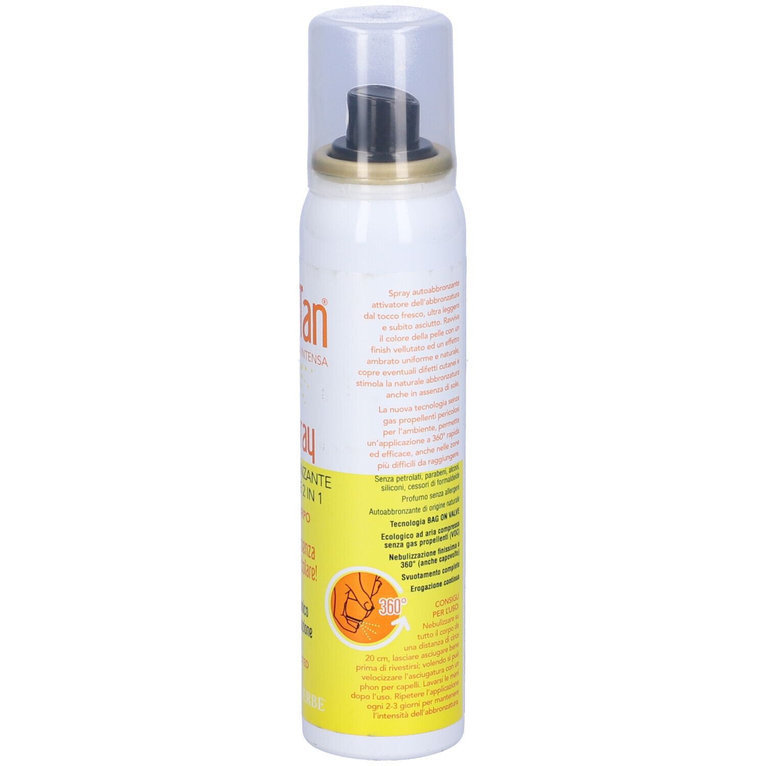 Spray bianco con etichetta gialla. Scritta: UltraTan, Air Spray, Autoabbronzante, 2 in 1. Con erogatore e tappo.