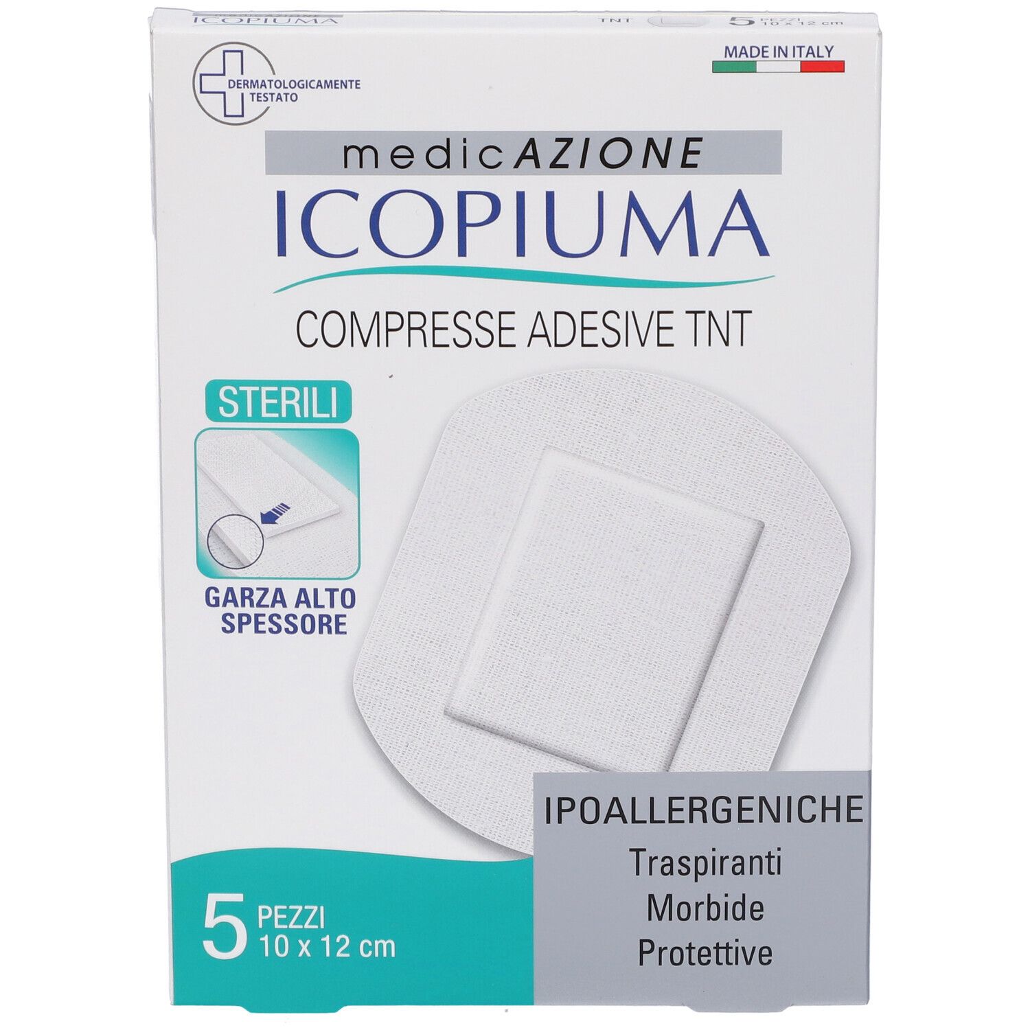 Verpackung mit weißen, sterilen, hypoallergenen Kompressen. Aufschrift: ICIOPIUMA, 5 Stück, 10 x 12 cm.