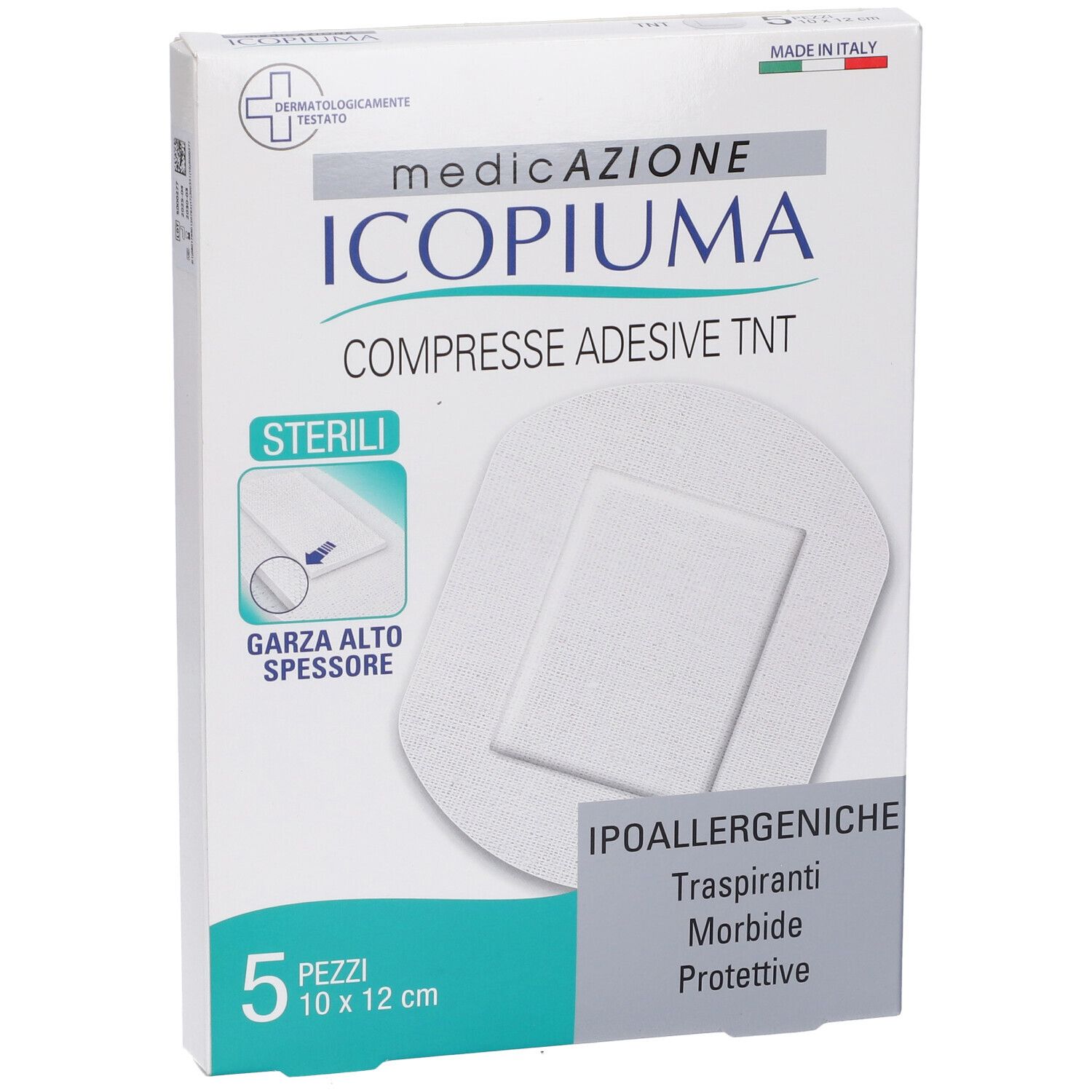 Verpackung mit weißen, sterilen, hypoallergenen Kompressen. Aufschrift: ICIOPIUMA, 5 Stück, 10 x 12 cm.