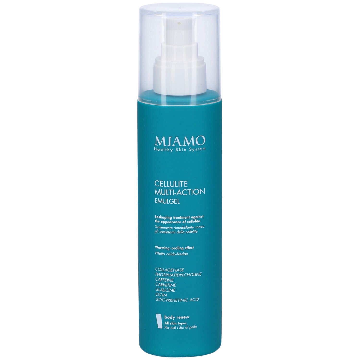 Flacone turchese con erogatore bianco. Scritta: Miamo Cellulite Multi-Action Emulgel. Tappo trasparente.