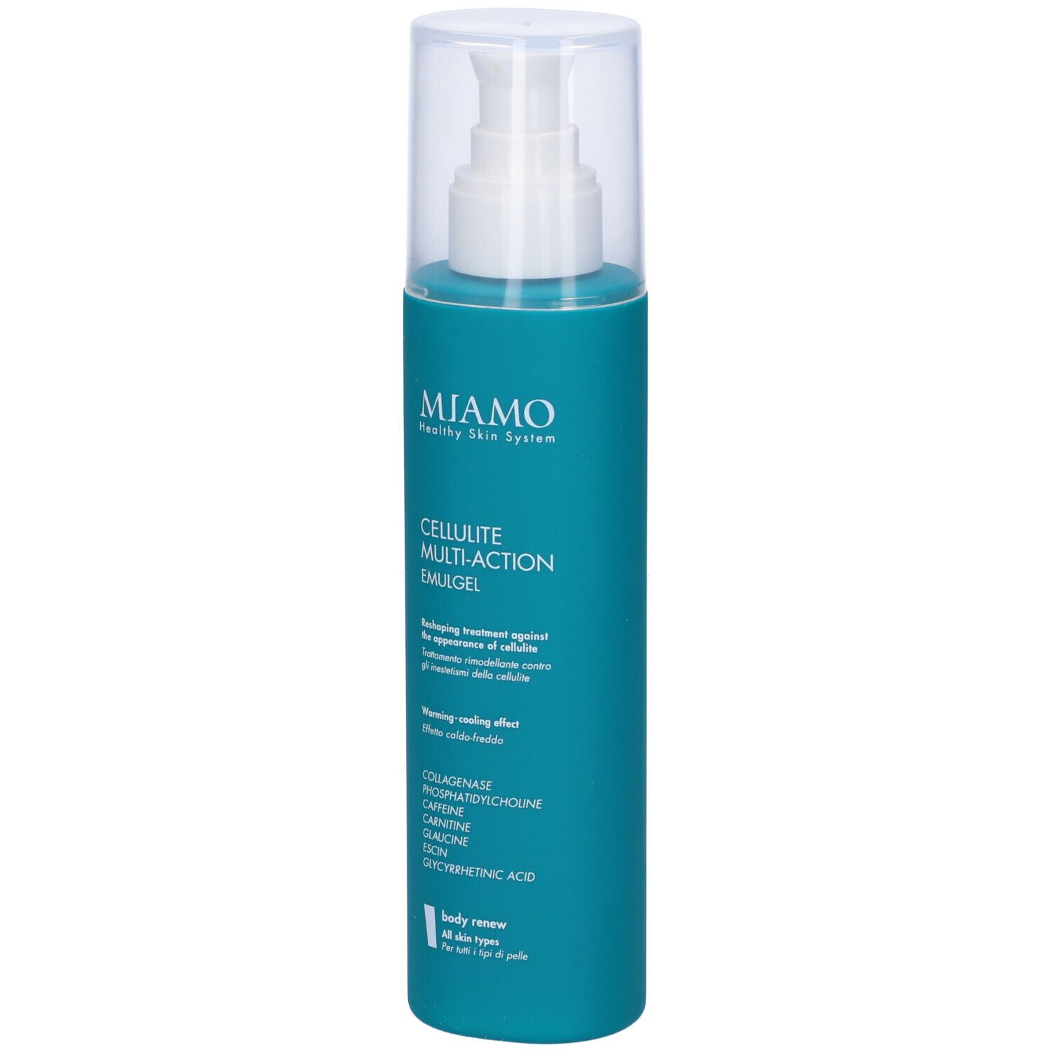 Flacone turchese con erogatore bianco. Scritta: Miamo Cellulite Multi-Action Emulgel. Tappo trasparente.