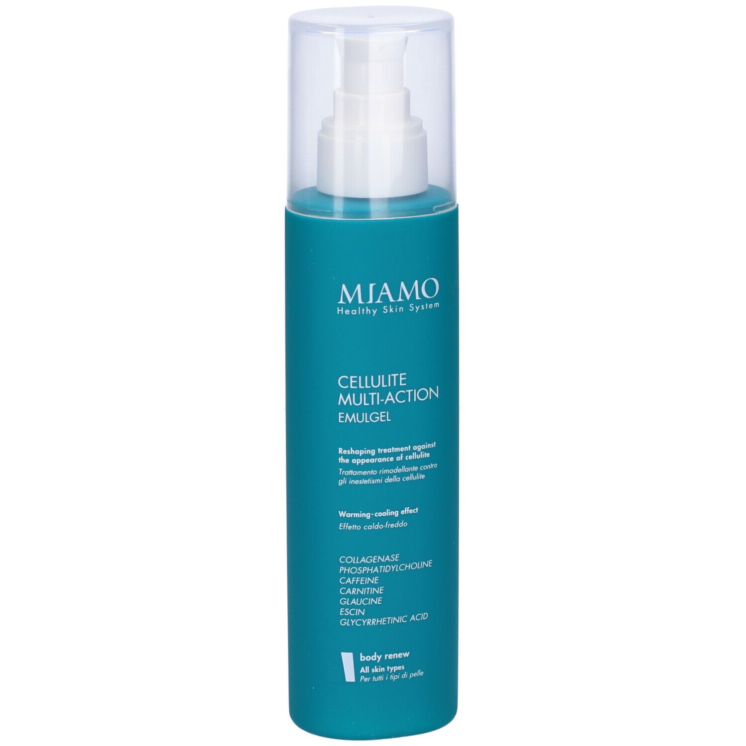 Flacone turchese con erogatore bianco. Scritta: Miamo Cellulite Multi-Action Emulgel. Tappo trasparente.