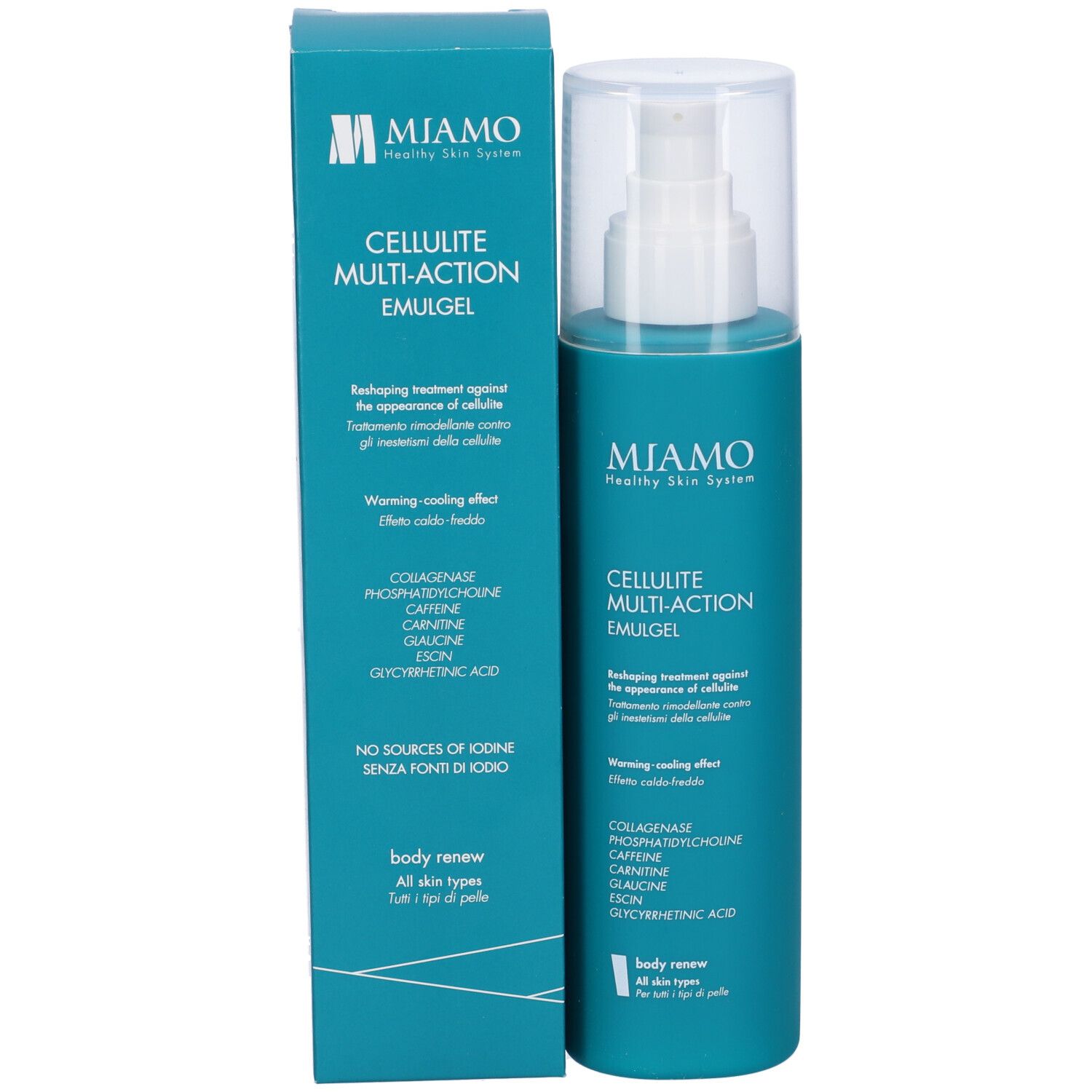 Flacone turchese e scatola. Scritta: Miamo Cellulite Multi-Action Emulgel. Tappo trasparente.