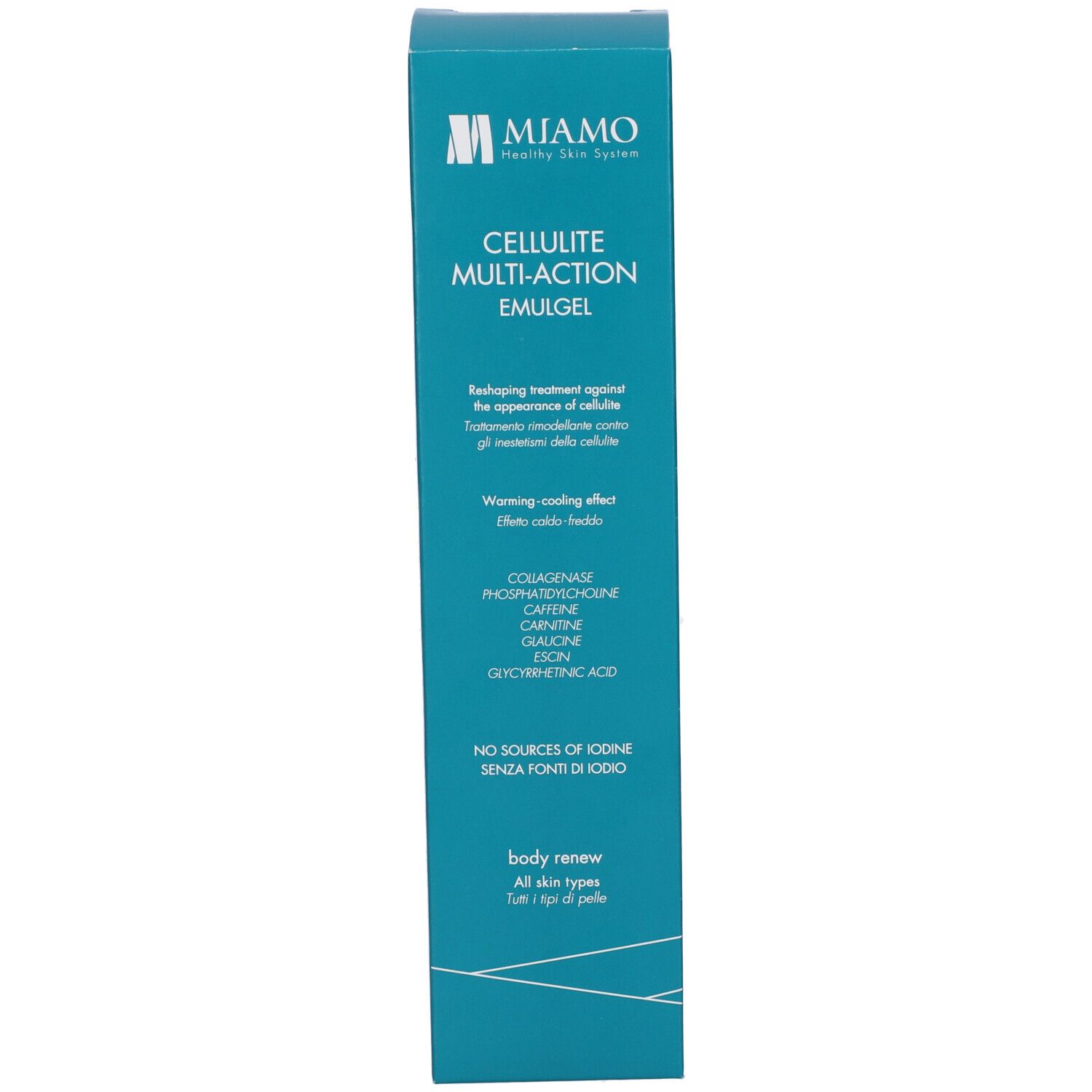Scatola turchese. Scritta: Miamo Cellulite Multi-Action Emulgel. Informazioni sul prodotto.